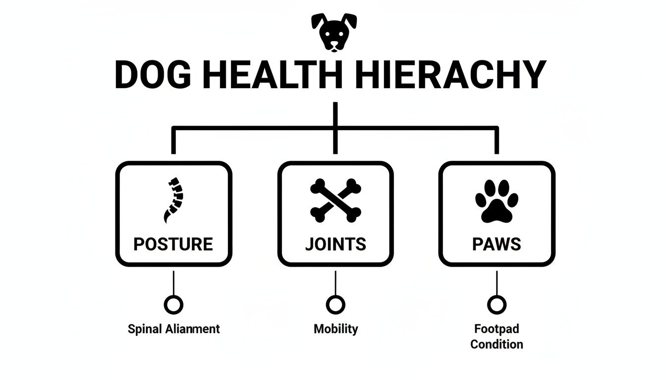 A diagram illustrating the dog health hierarchy, highlighting posture, joints, and paws with their specific conditions.