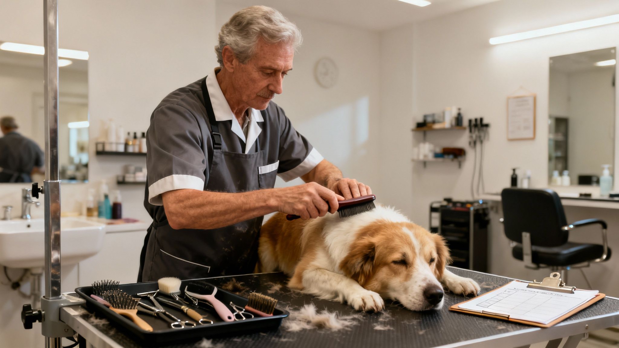 A professional dog groomer brushes a calm brown and white dog in a brightly lit salon.