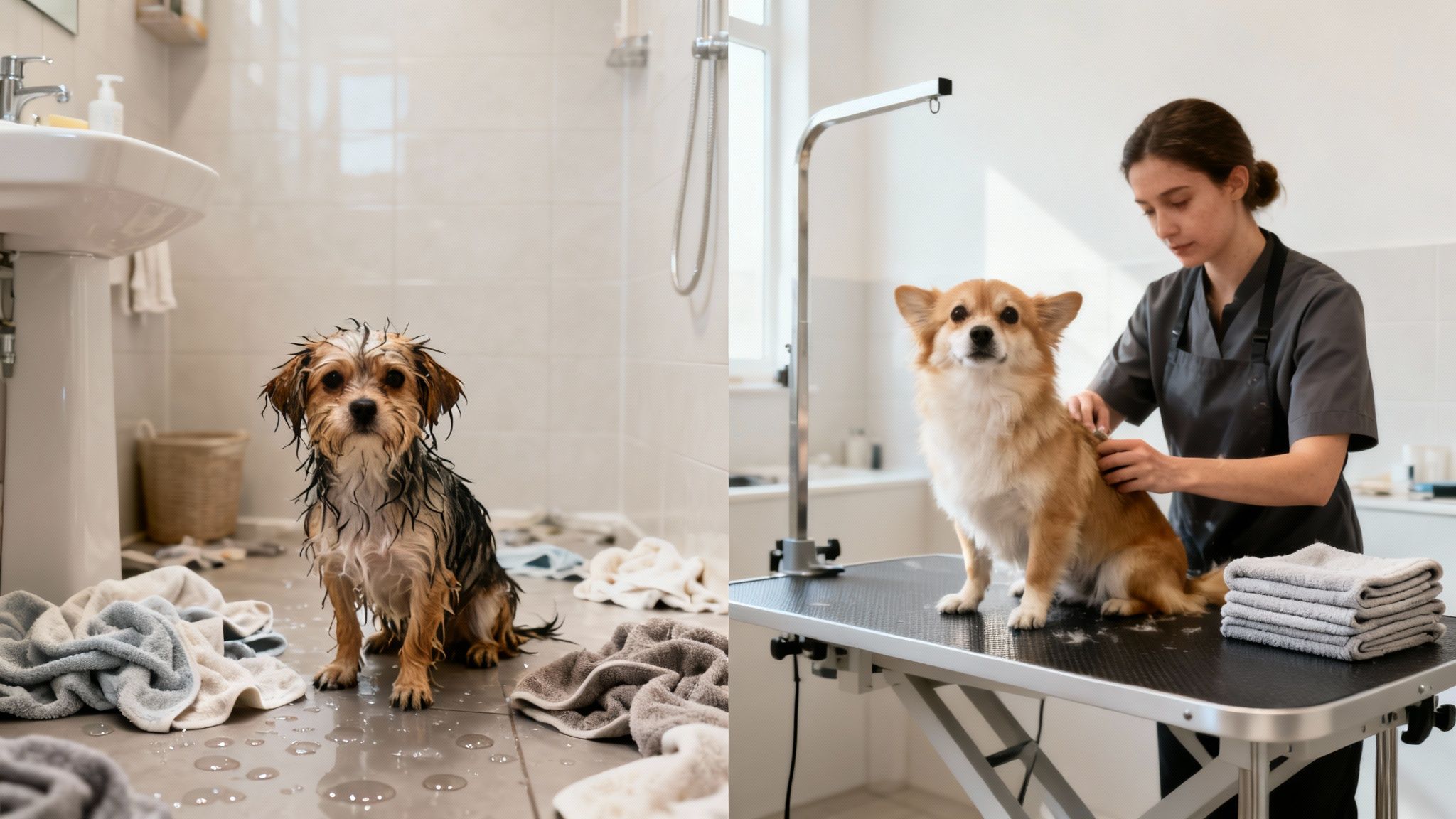 Left, a small wet dog sits on a messy bathroom floor; right, a fluffy dog gets groomed by a professional.