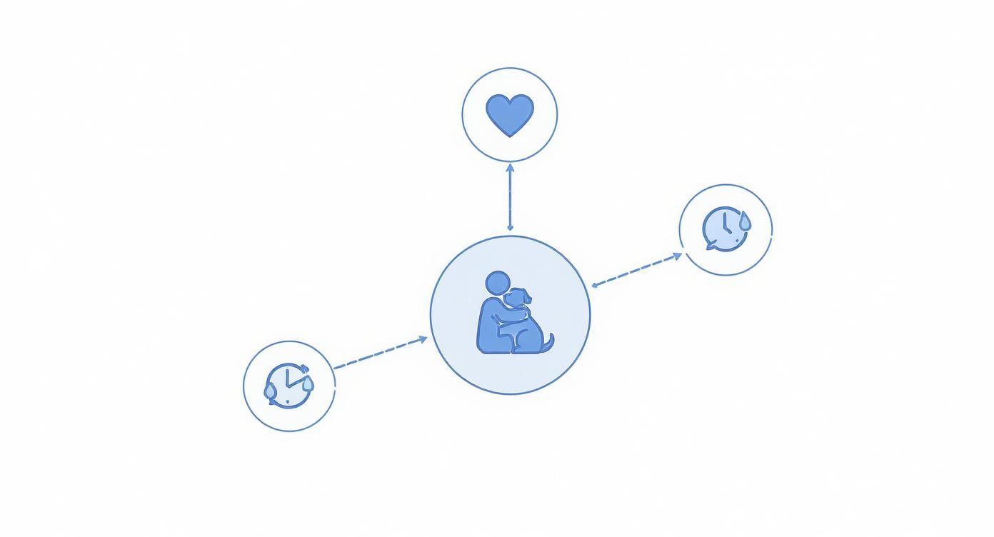 Diagram illustrating the emotional bond between a person and a dog, connected to love, grief, and the passage of time.