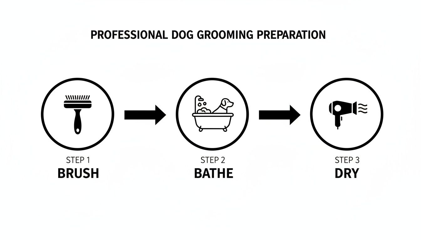 A three-step infographic showing professional dog grooming preparation: brush, bathe, and dry.