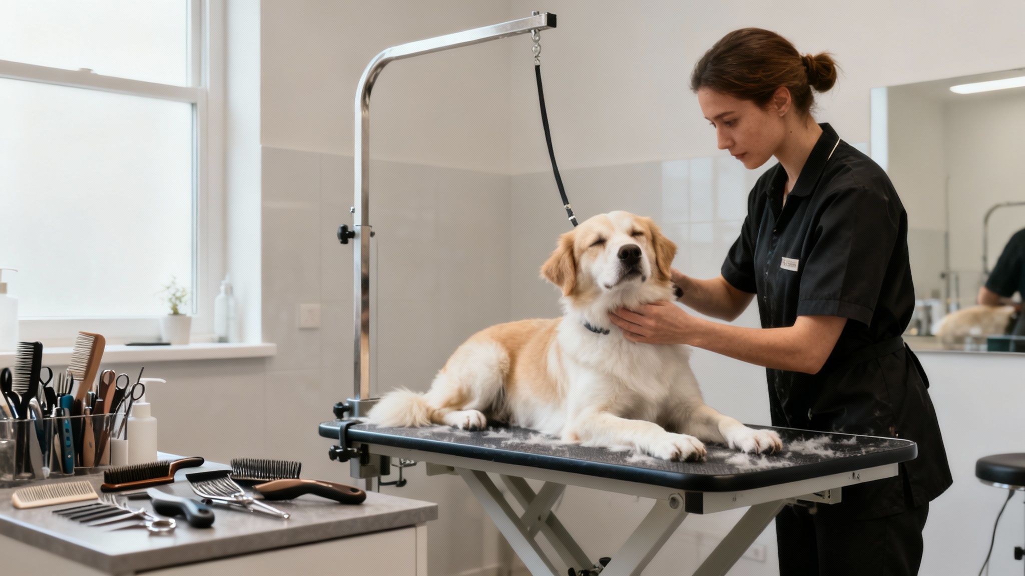 A professional groomer gently grooms a calm golden retriever on a grooming table in a bright salon.