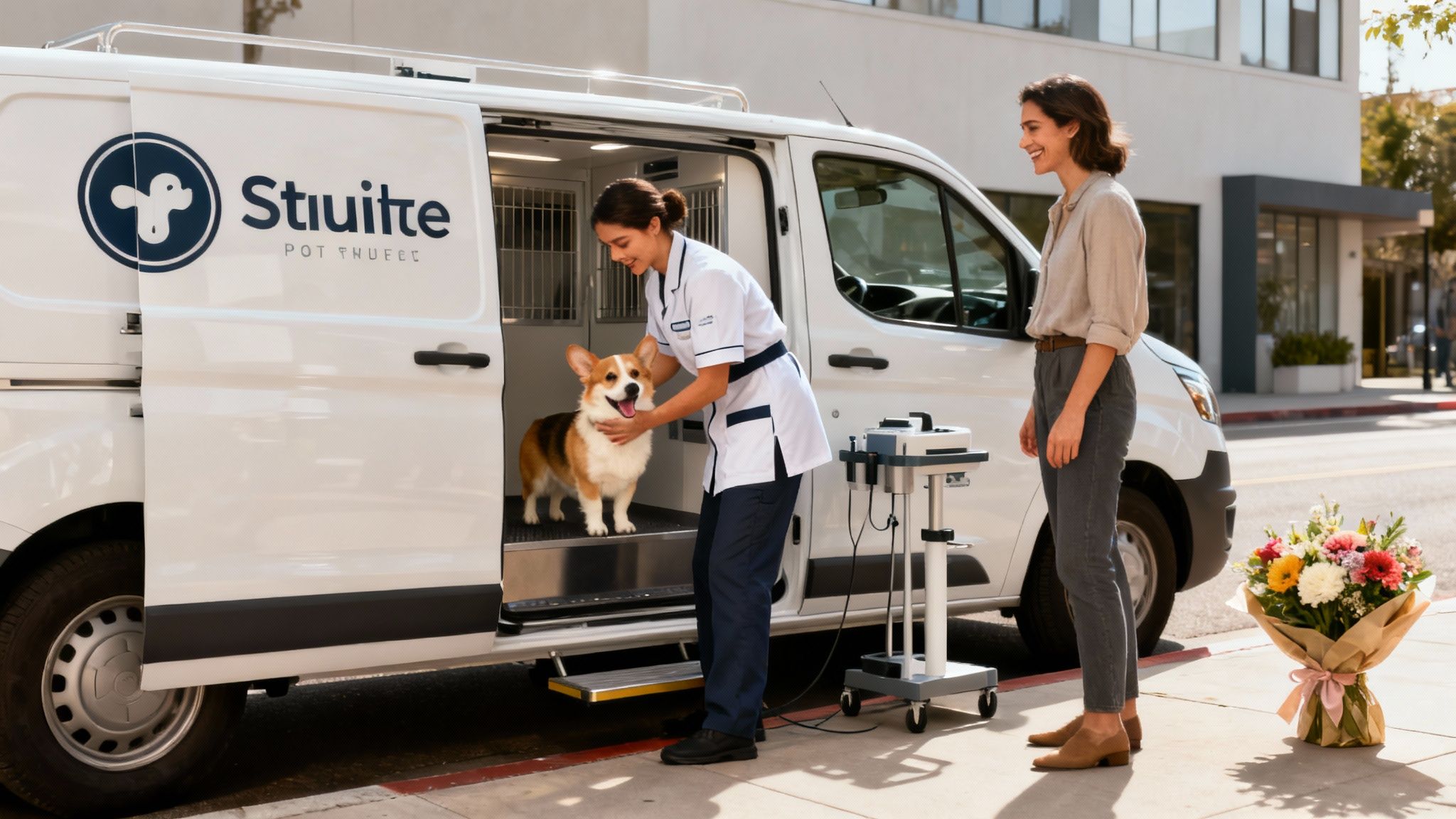 A mobile pet care van with a vet tending to a happy Corgi dog, and its smiling owner on a city street.