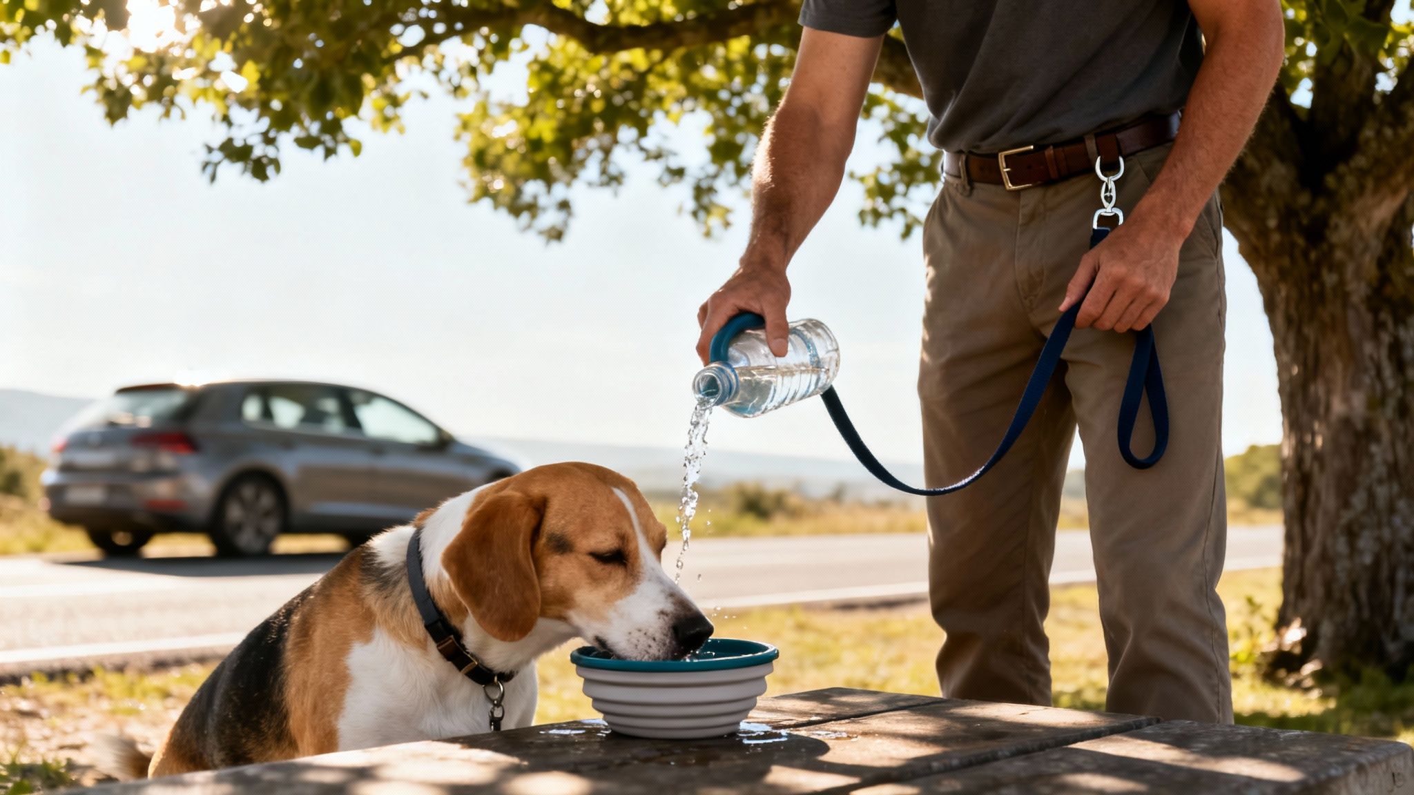A person pours water from a bottle into a collapsible bowl for a Beagle dog on a picnic table.