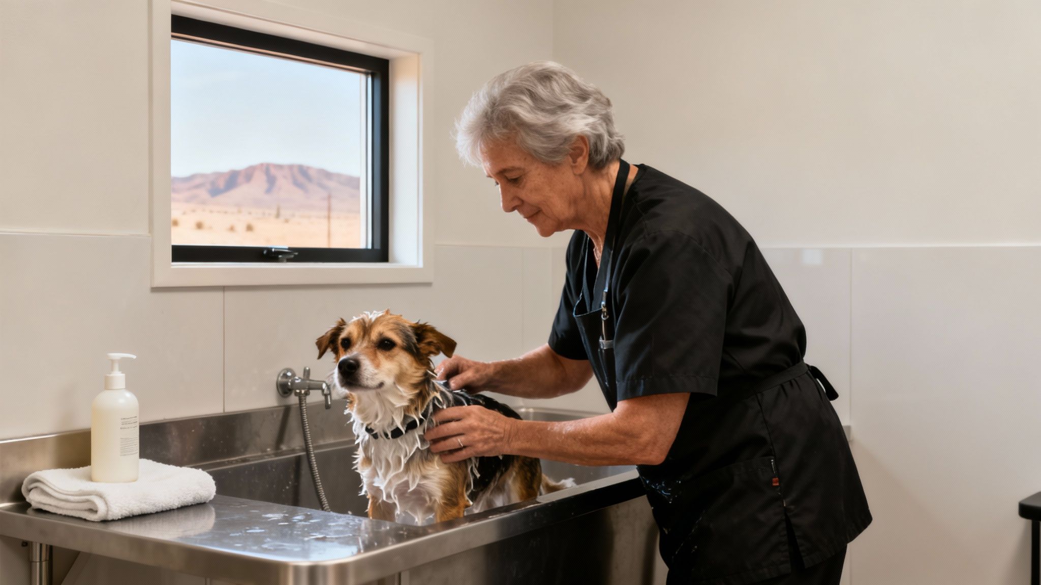 An older woman professionally bathes a sudsy brown and white dog in a stainless steel grooming tub.