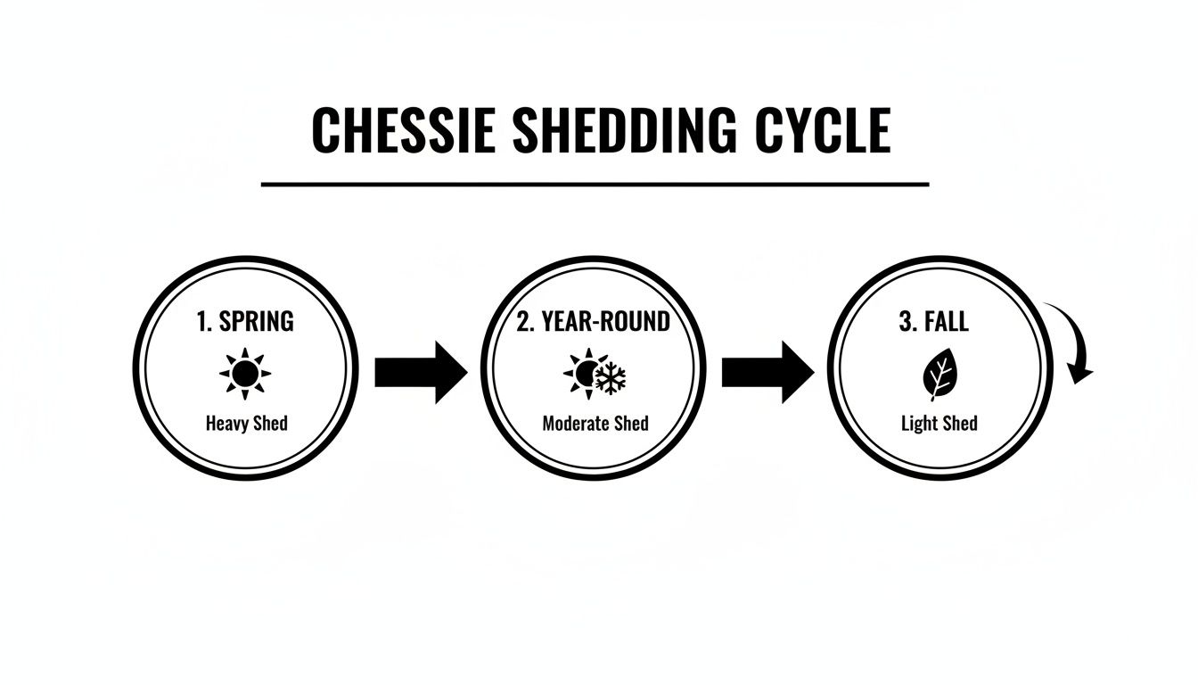 Infographic illustrating the Chessie shedding cycle with stages: heavy in spring, moderate year-round, and light in fall.