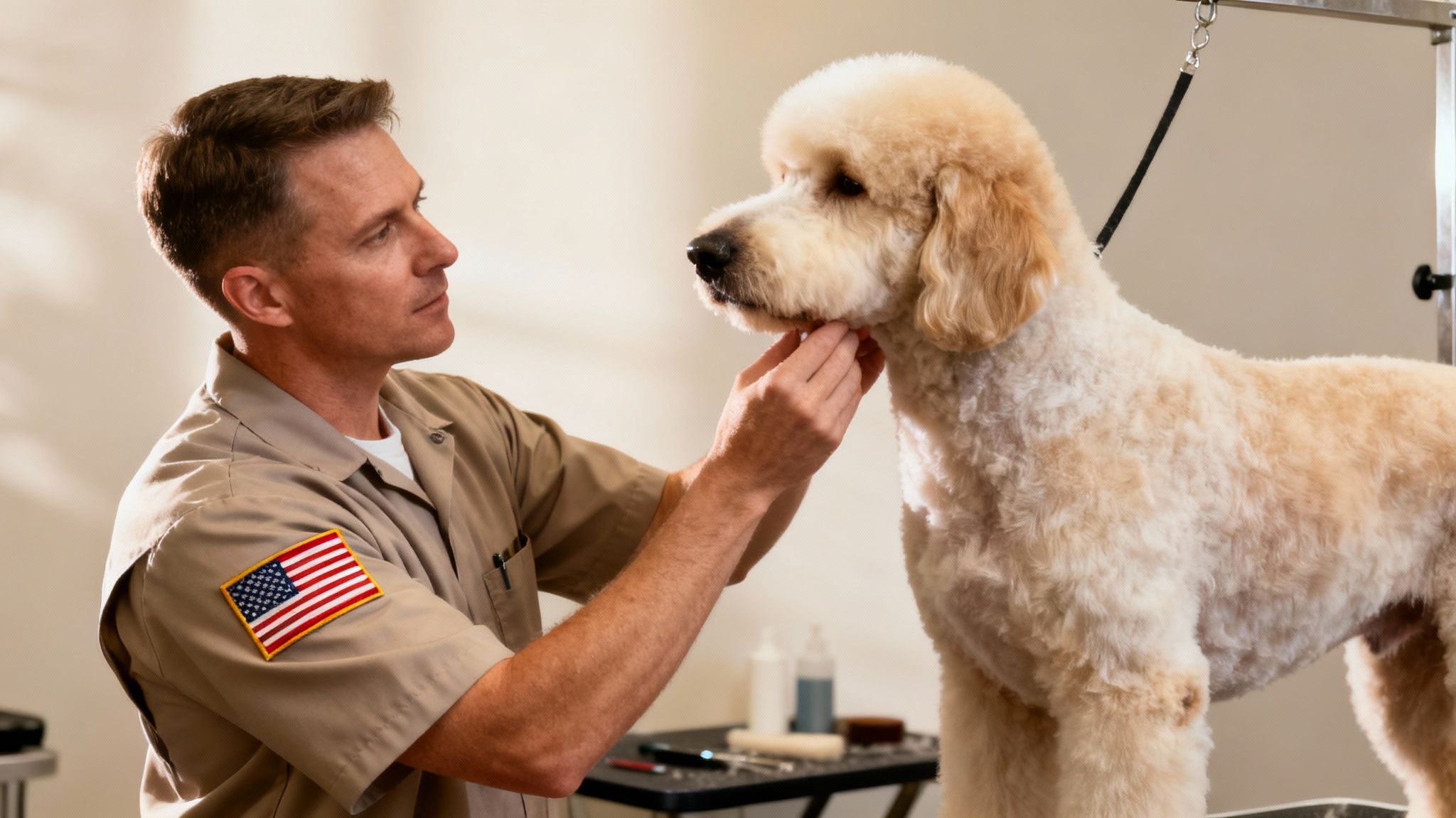 A professional male groomer carefully trims the fur on a fluffy light-colored dog's face.