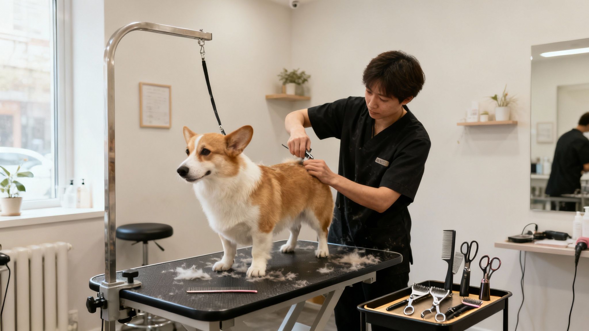 A professional groomer uses clippers to trim a cute Corgi dog's fur on a grooming table.