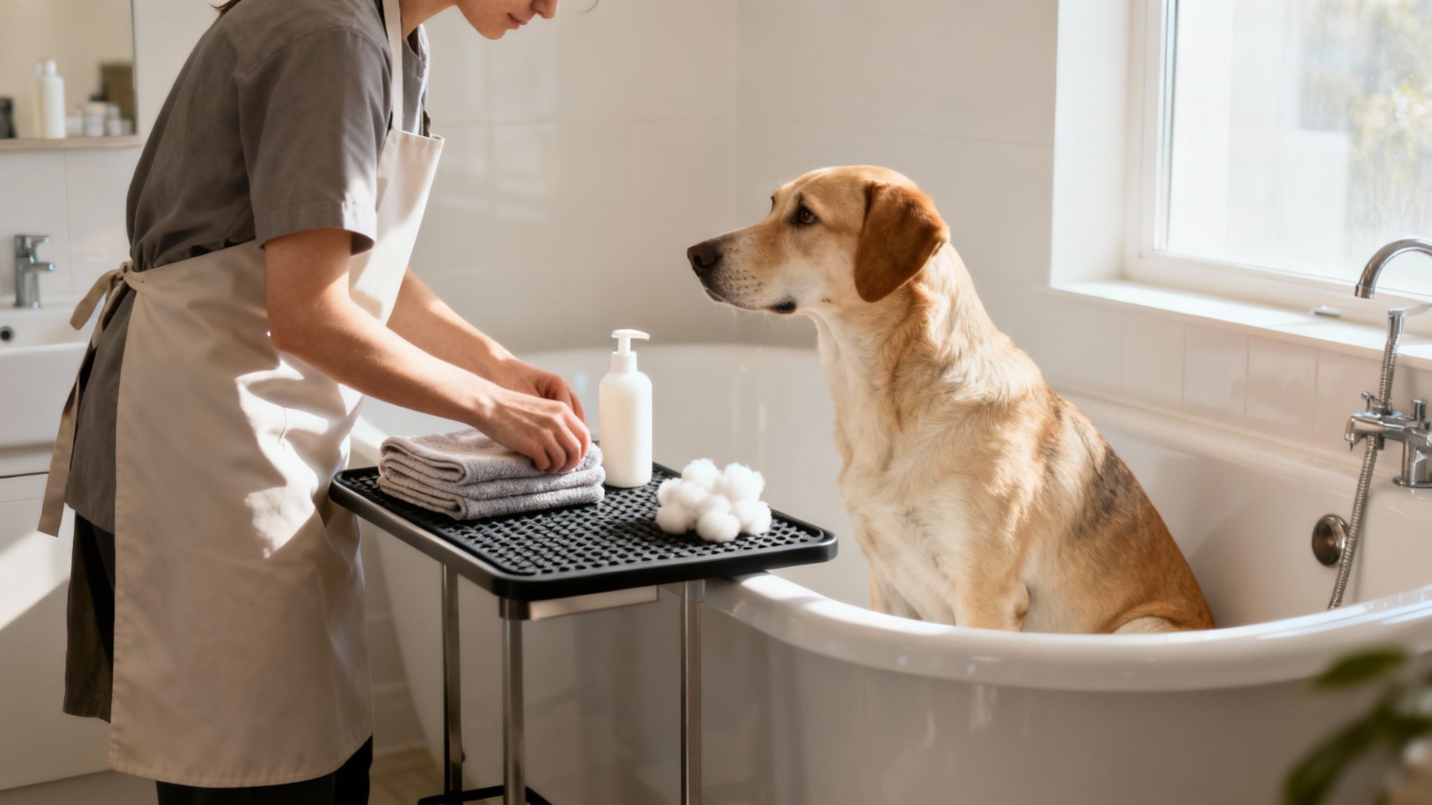 A person in an apron prepares a bath for a calm golden retriever dog in a white bathtub.
