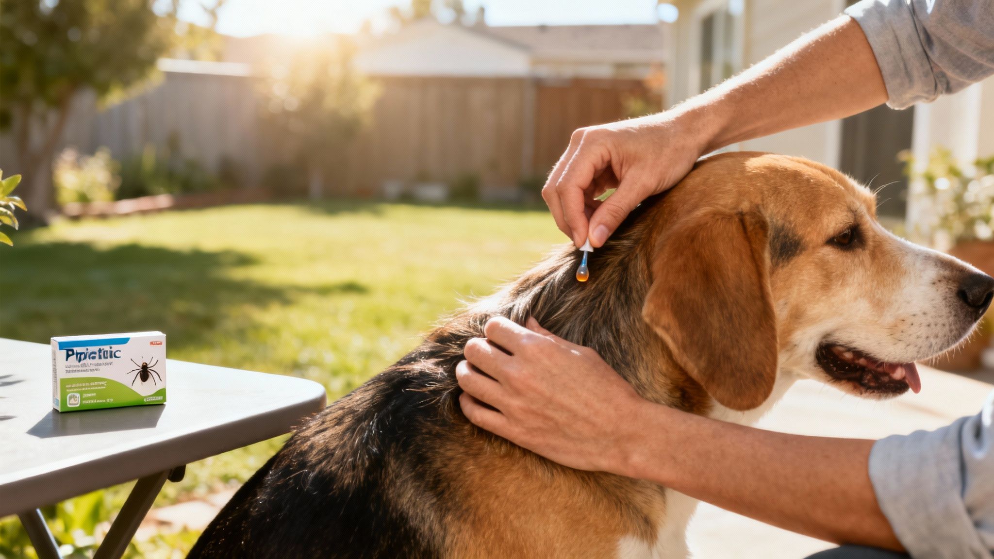 A person applies topical flea and tick medication to a beagle dog in a sunny backyard.