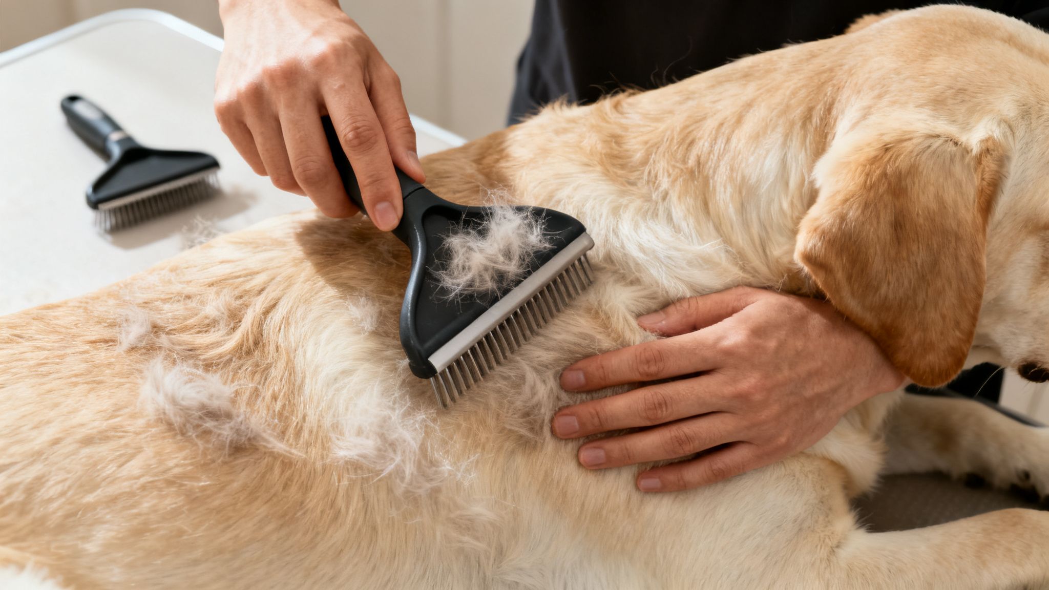 Close-up of hands brushing a golden Labrador retriever, removing loose fur with a deshedding tool.