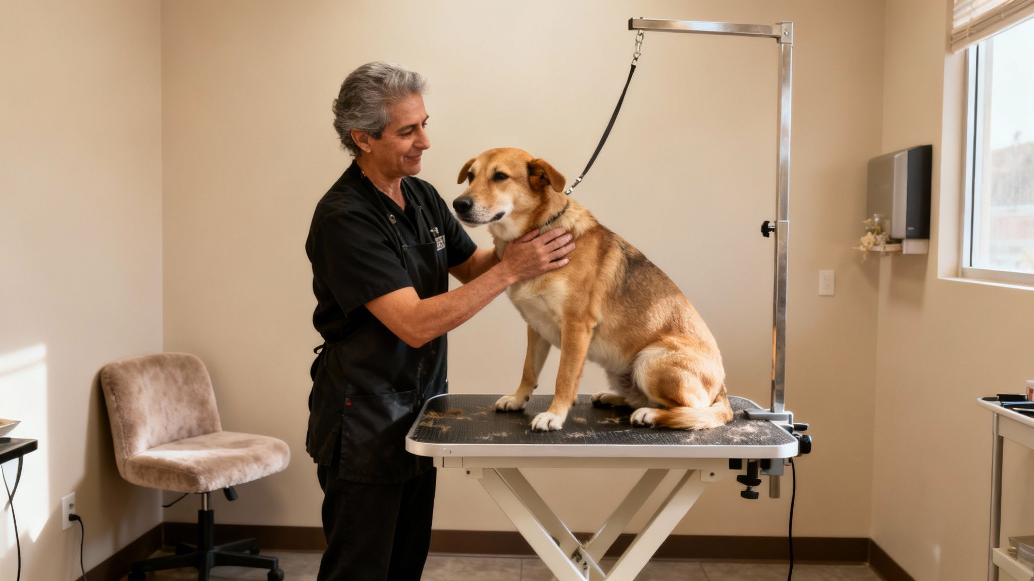 A smiling male dog groomer in black scrubs gently pets a brown and tan dog on a grooming table.