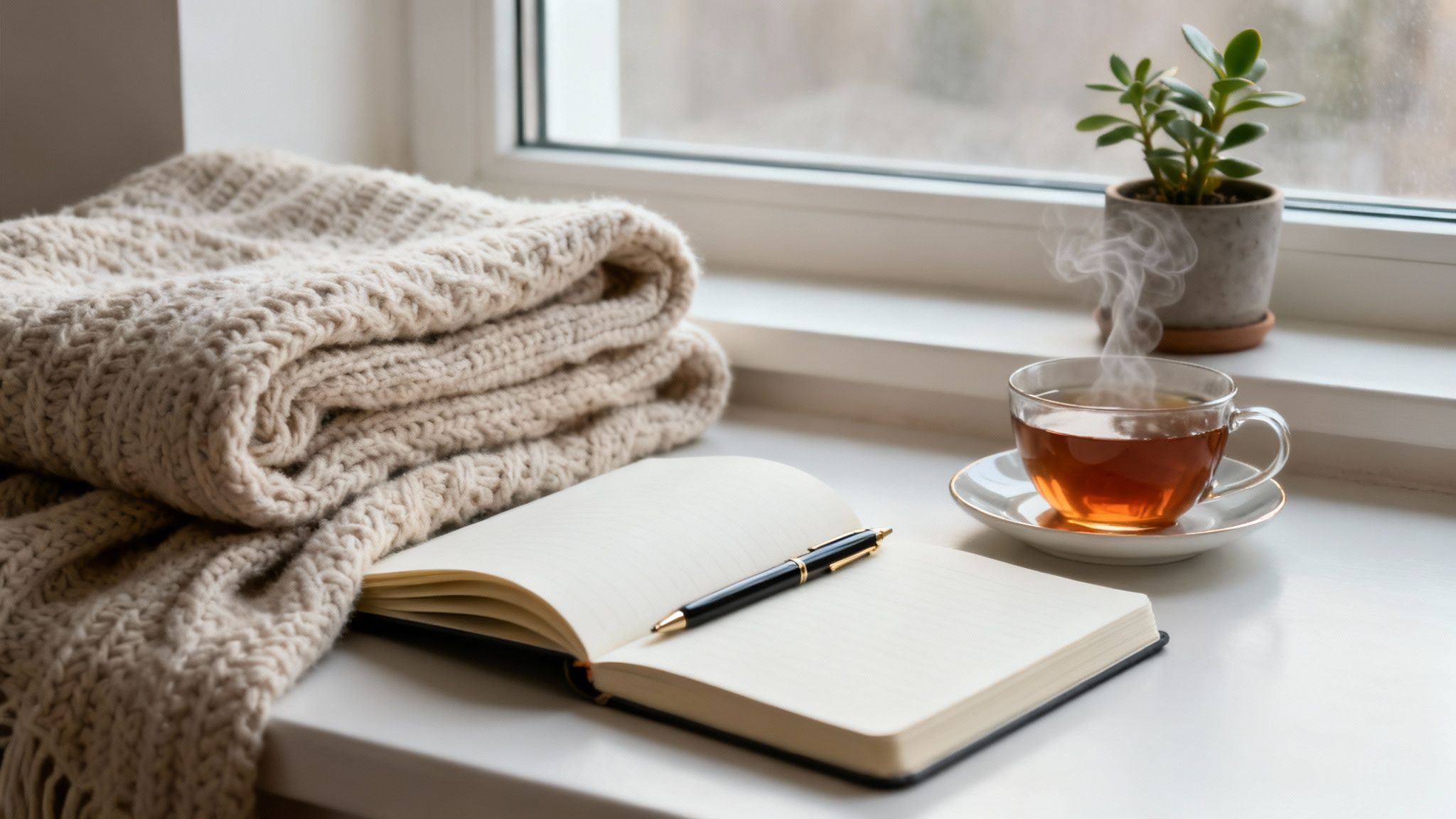 A cozy scene on a windowsill with a knitted blanket, open notebook, hot tea, and a plant.
