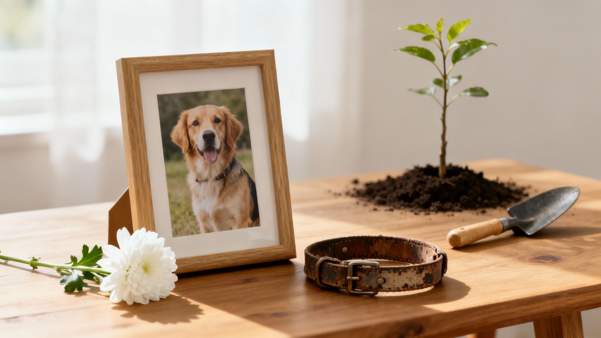 Pet remembrance scene with a framed dog photo, old collar, white flower, and small plant on a wooden table.