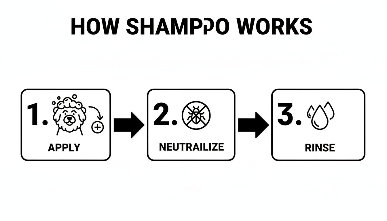 A black and white infographic illustrating the three steps of how shampoo works: apply, neutralize pests, and rinse.