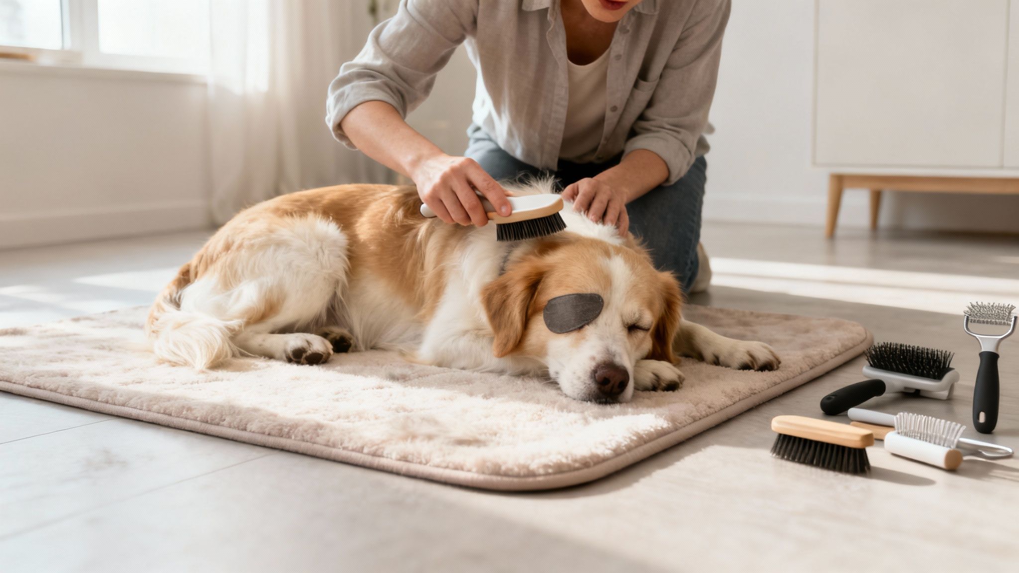 A person gently brushes a golden and white dog with an eye patch lying on a rug.