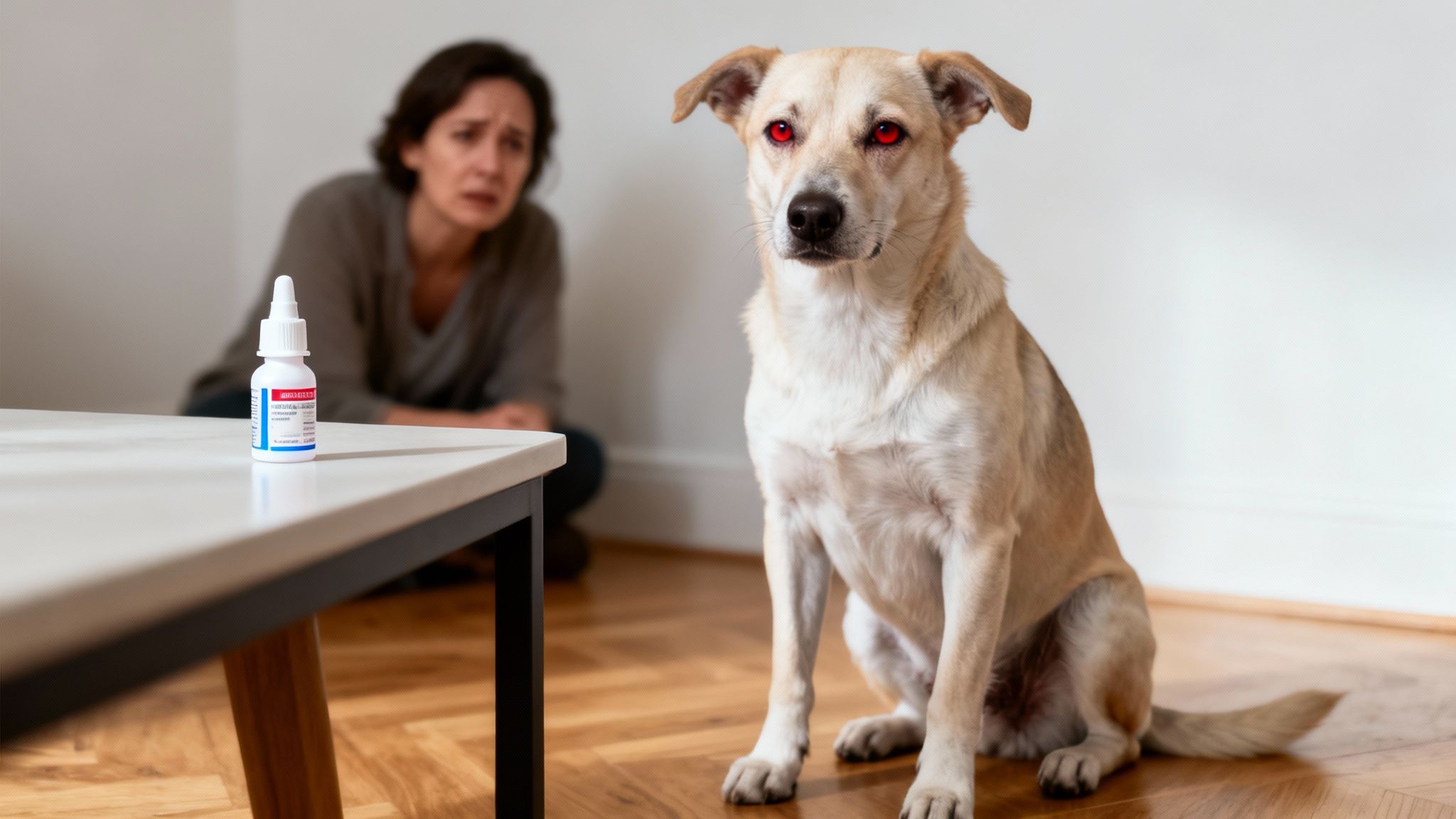 A distressed woman observes her dog with glowing red eyes, next to a Visine bottle on a table.