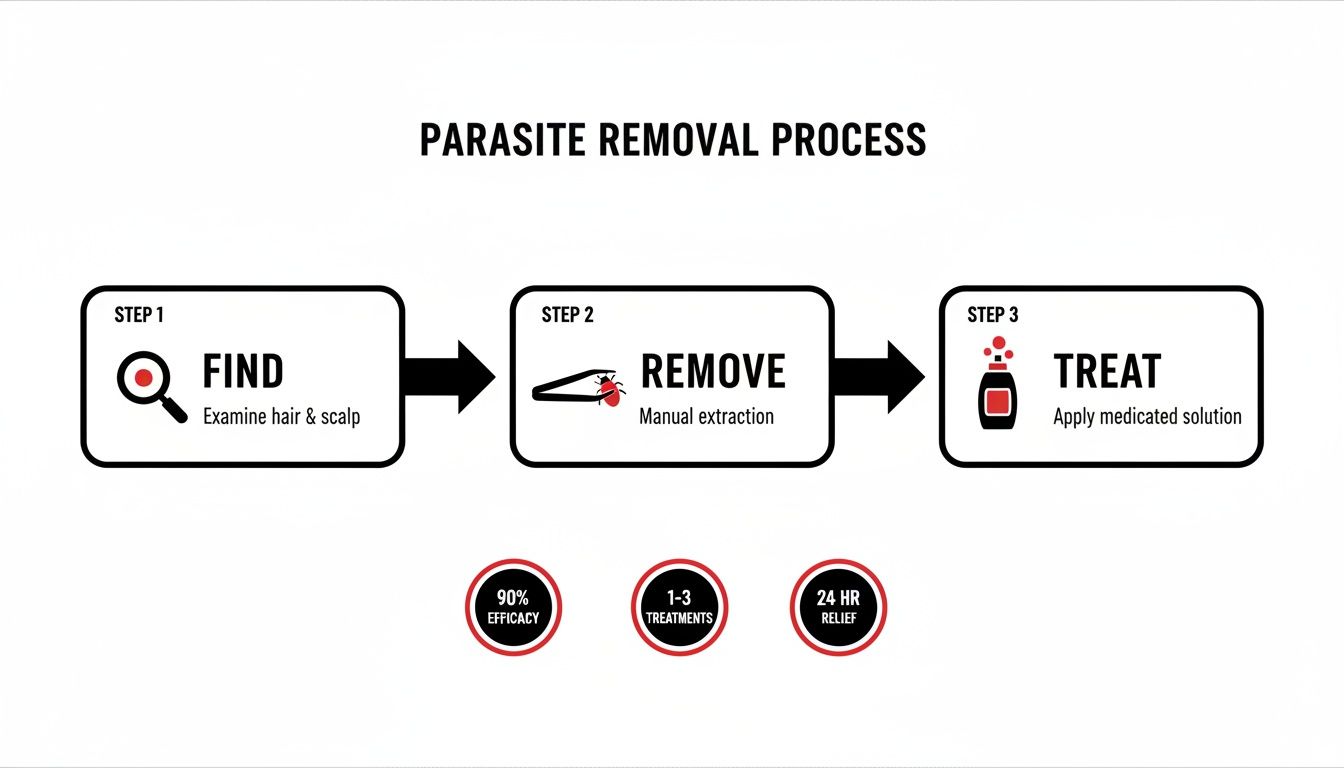 A three-step infographic showing parasite removal process: find, remove, treat, offering 90% efficacy and 24-hour relief.
