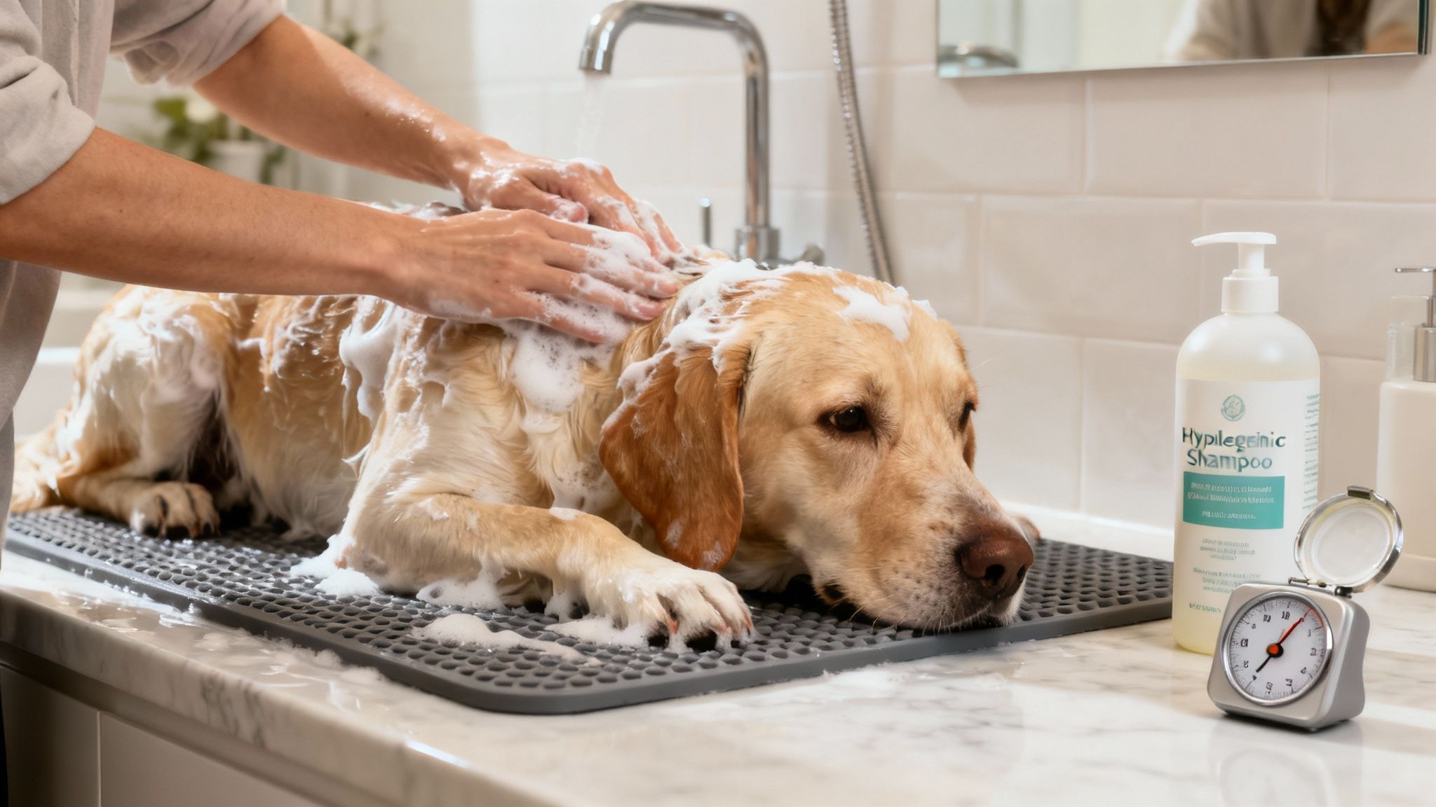 A person gently bathes a golden retriever dog with hypoallergenic shampoo in a sink.