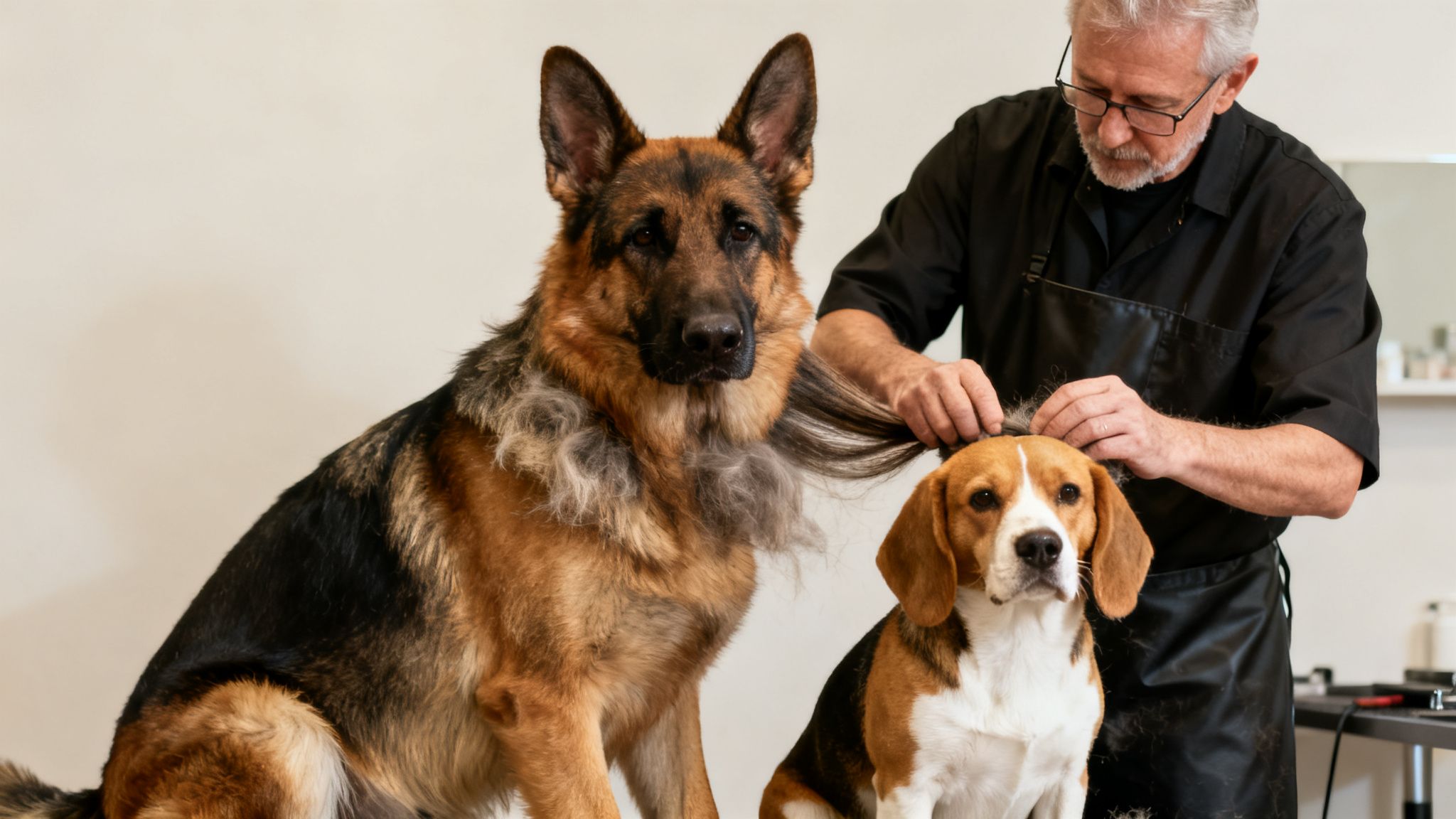 A professional groomer desheds a Beagle while a German Shepherd patiently waits.