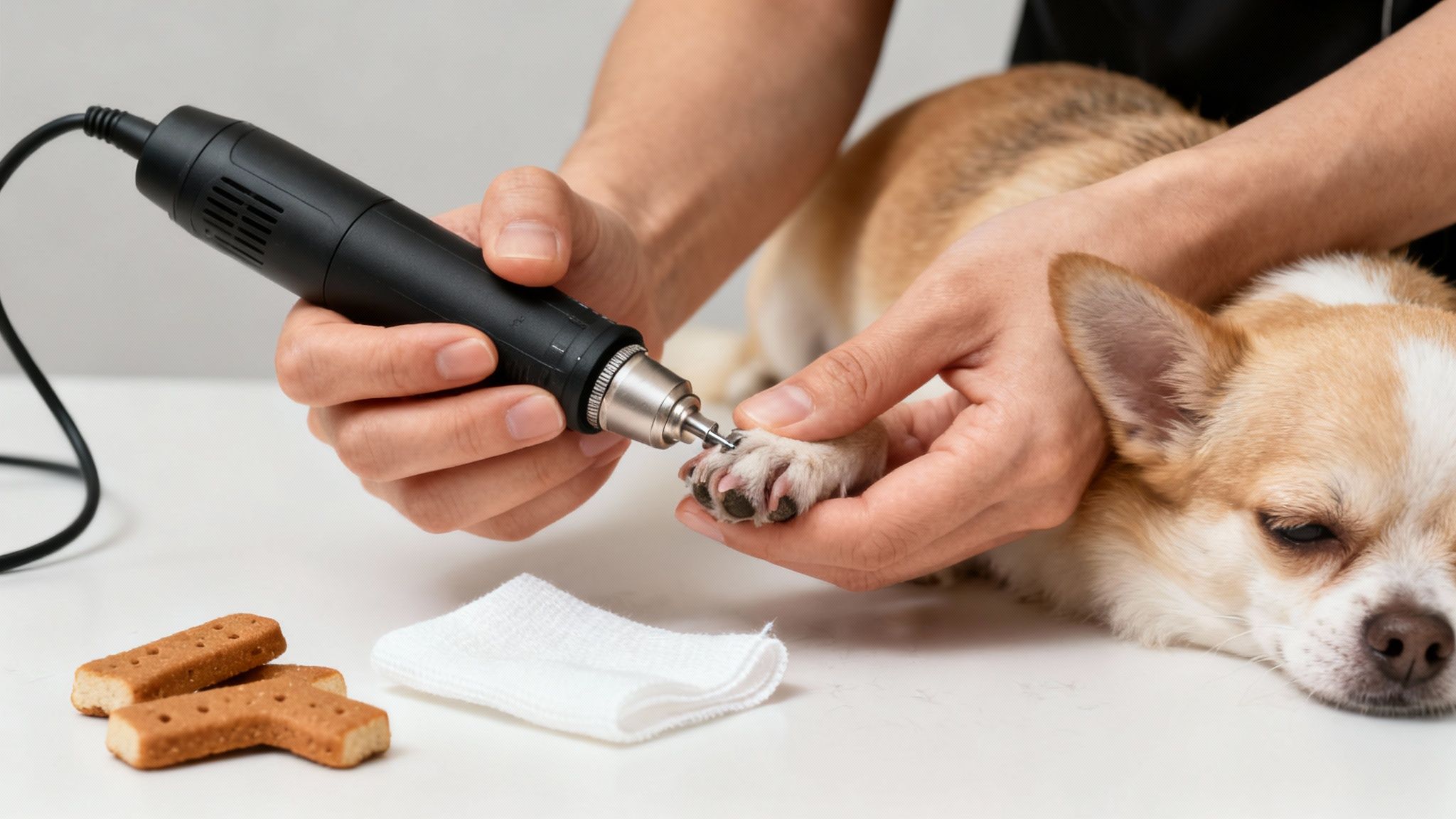 A person uses an electric nail grinder to trim the nails of a small dog's paw.