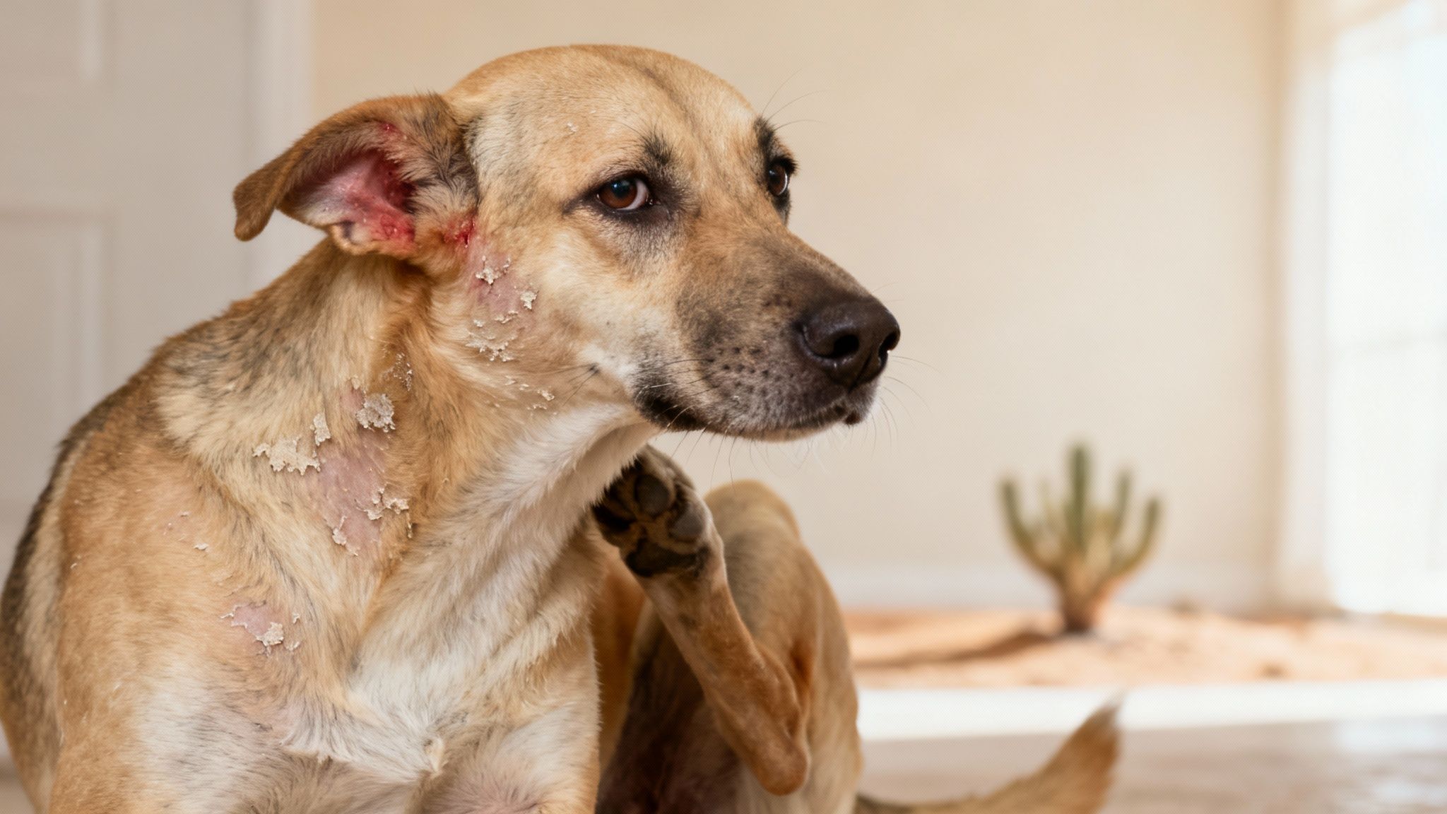 A tan dog with visible skin problems, flaky patches, and a red ear scratches its body.