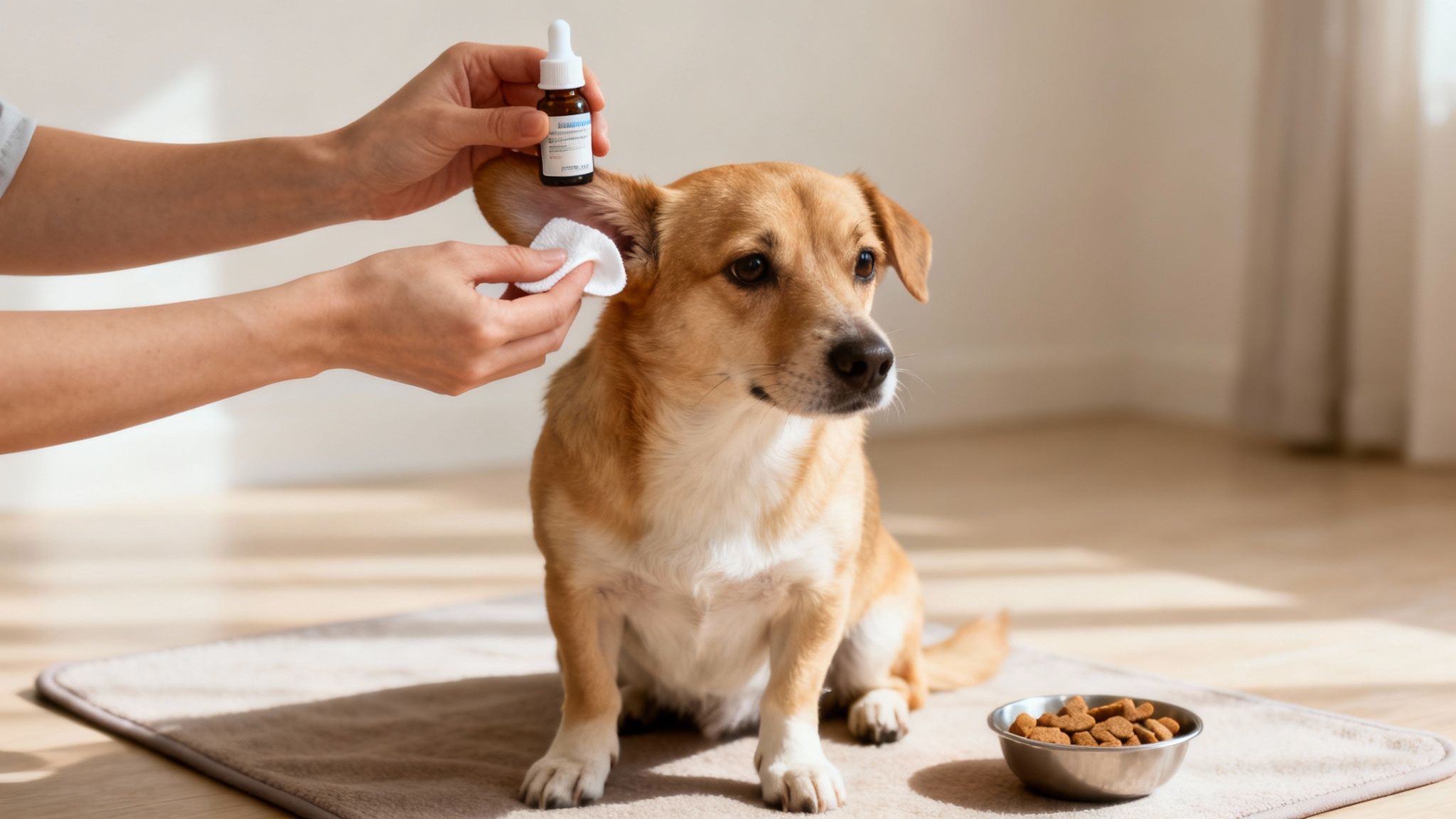 A person applies ear drops to a calm, light brown dog's ear with a cotton pad.
