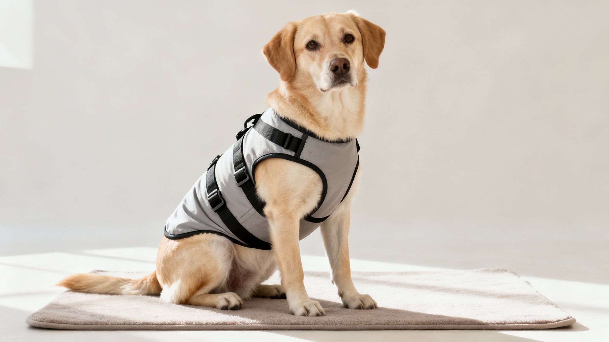 A golden Labrador retriever dog wearing a grey anxiety vest sits calmly on a rug.