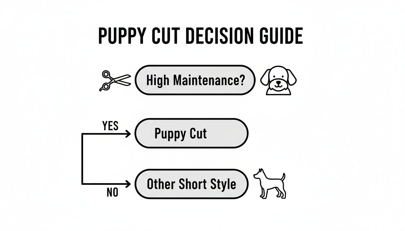 A puppy cut decision guide flowchart: if grooming is high maintenance, choose a puppy cut; otherwise, choose another short style.