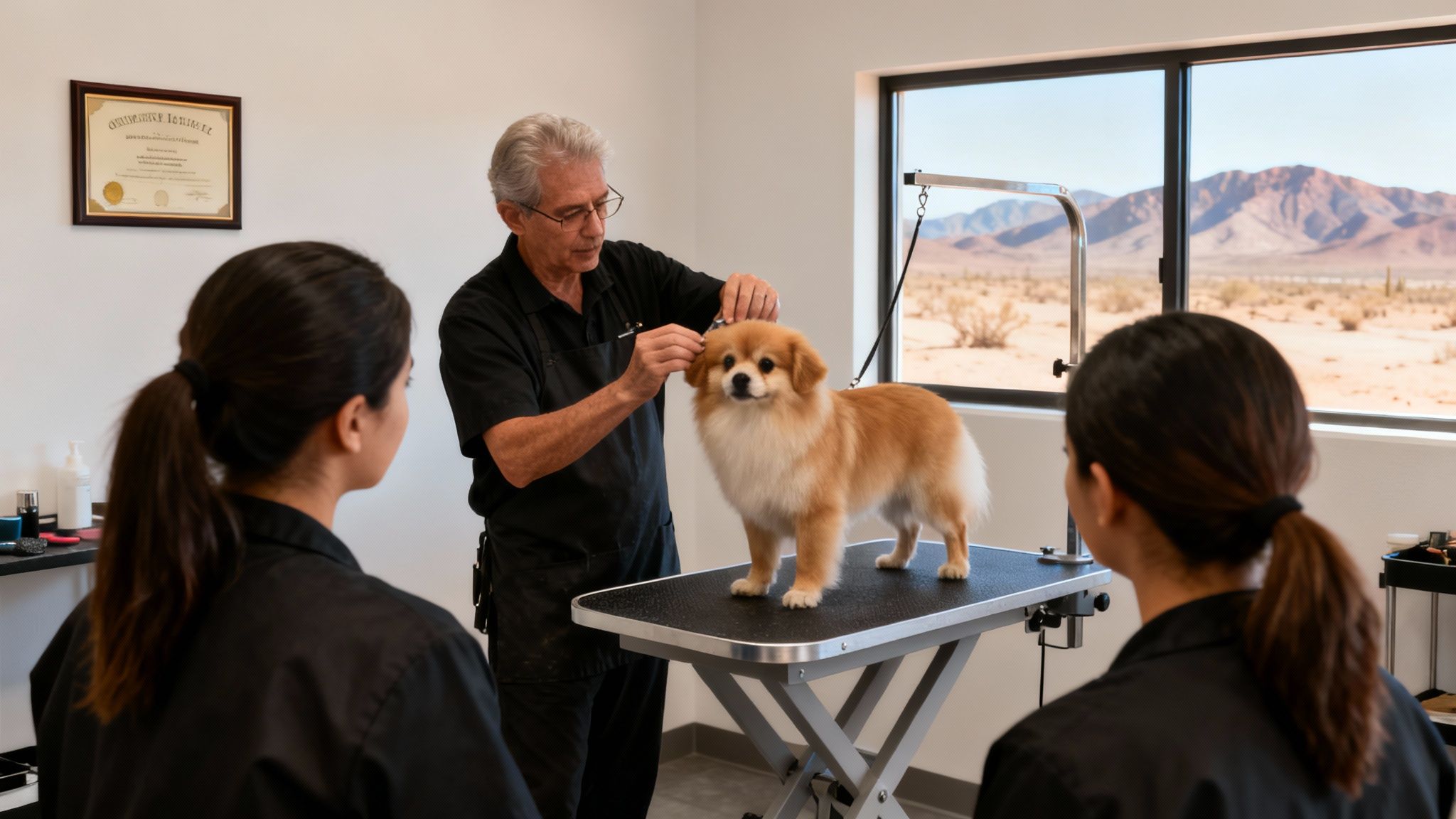 A male dog groomer demonstrates grooming techniques on a small dog to two female students in a bright room.