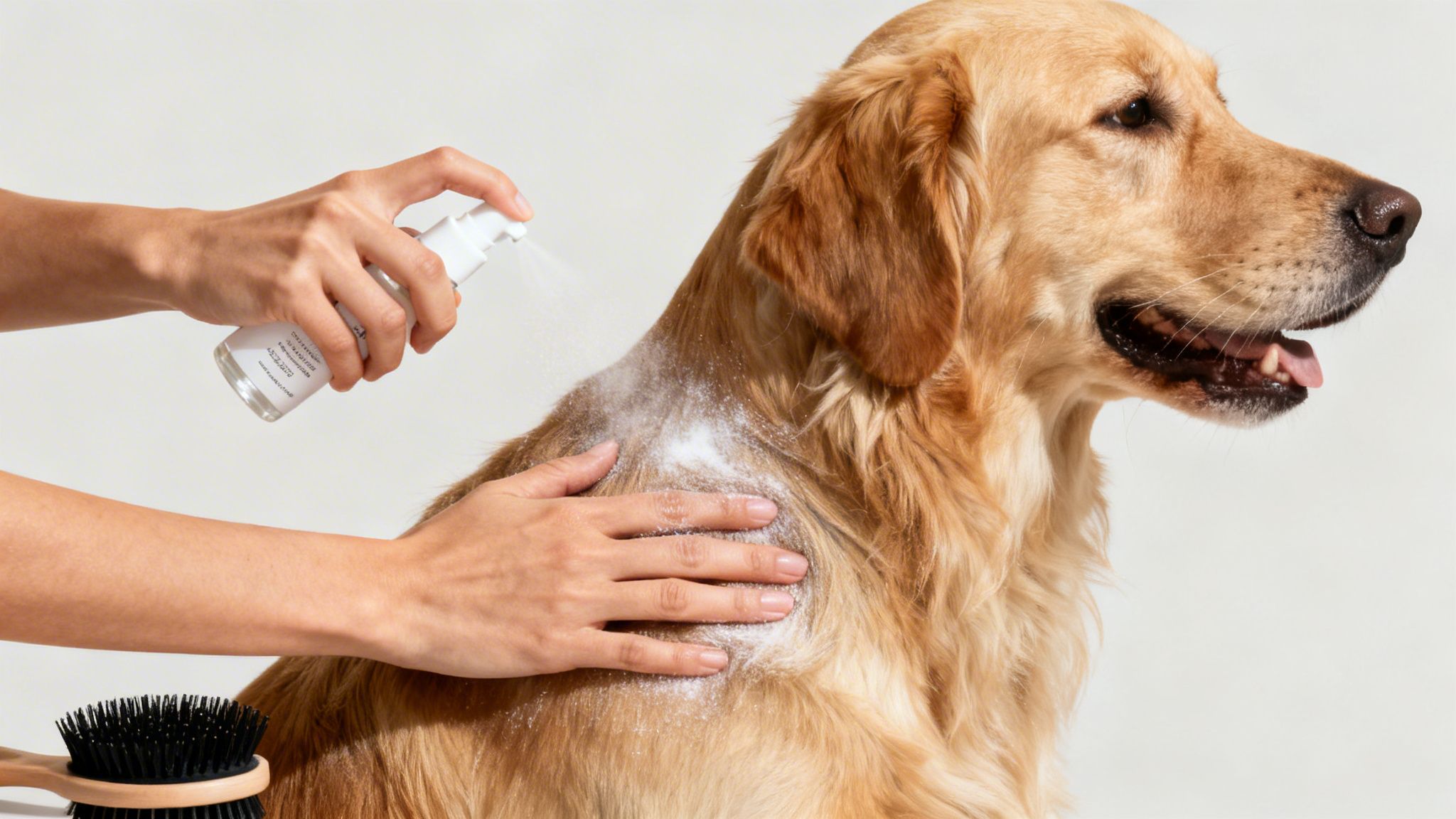 Hands applying dry shampoo to a golden retriever's fur, with a brush visible.