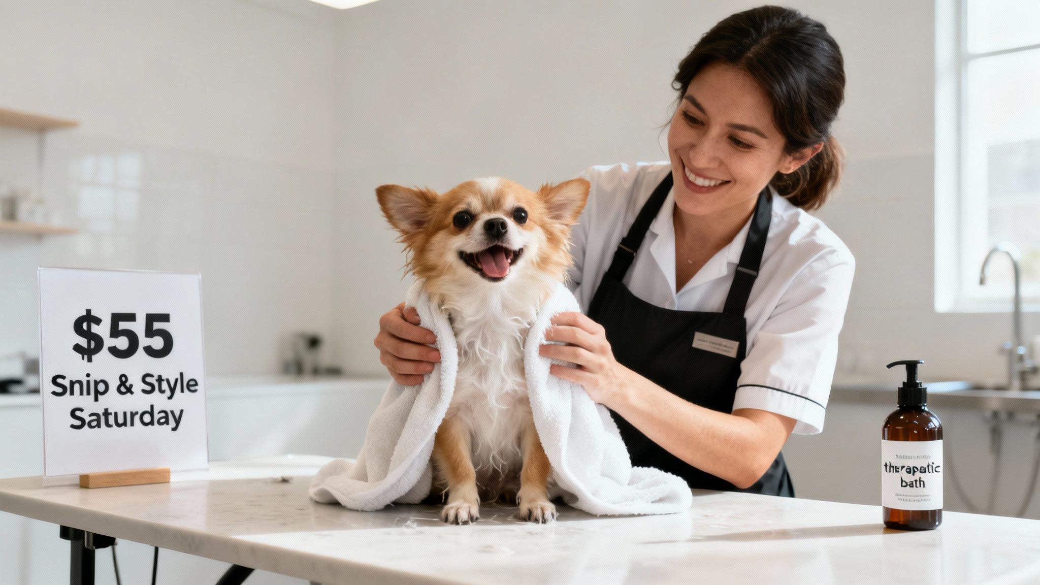 A smiling groomer gently dries a happy chihuahua dog with a white towel, next to a sign for "$55 Snip & Style Saturday."