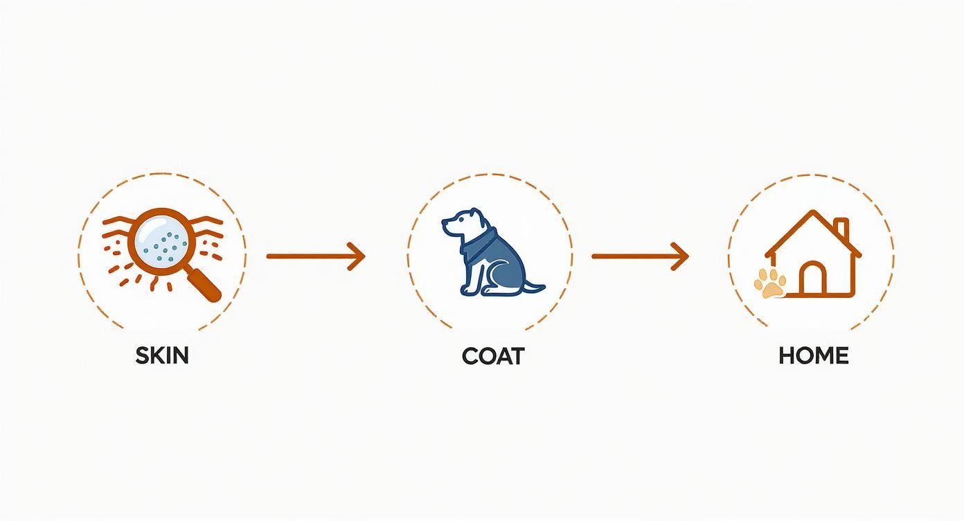 Diagram showing the journey of dog dander from skin to coat and into the home environment.