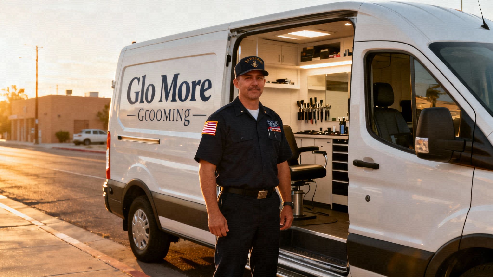 A uniformed man stands proudly by his white mobile grooming van at sunset.