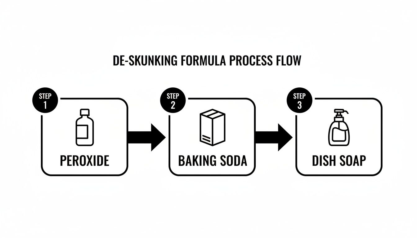 A step-by-step process flow for a de-skunking formula using peroxide, baking soda, and dish soap.