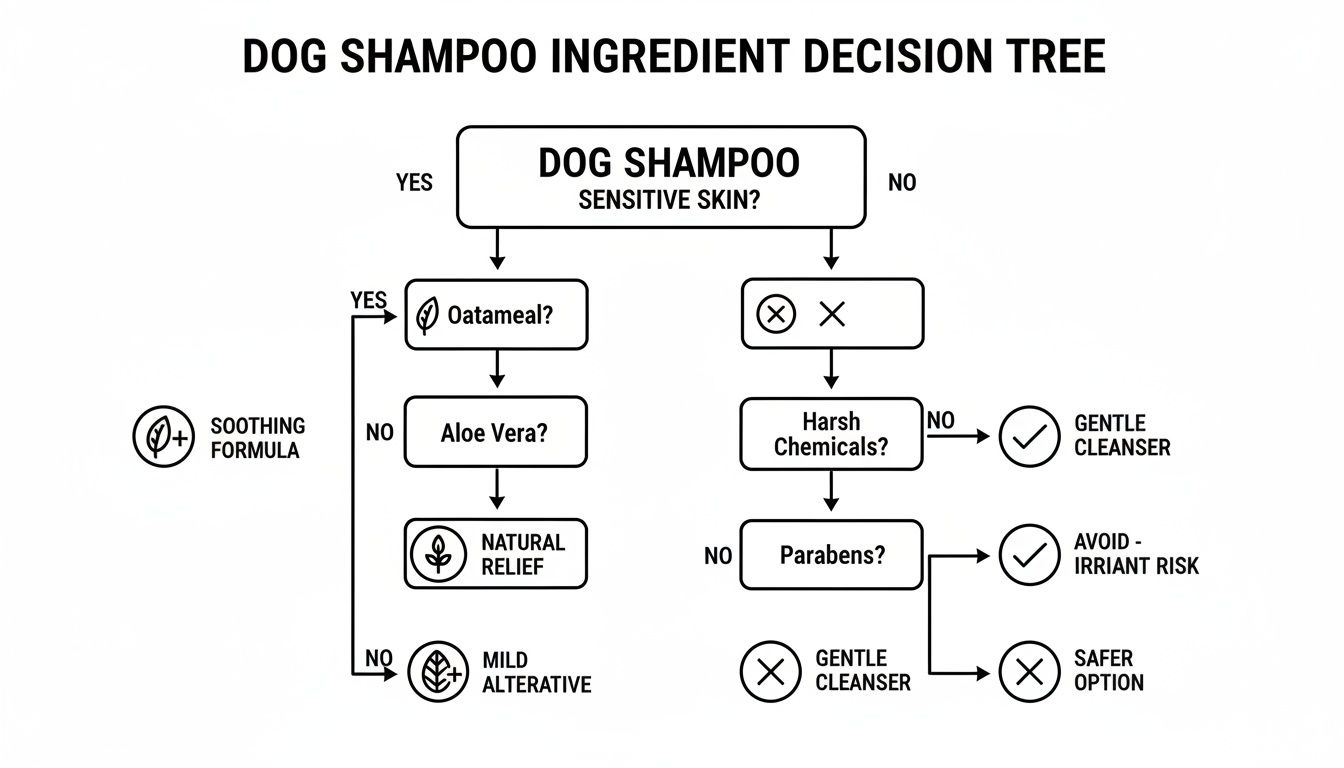 Flowchart illustrating a dog shampoo ingredient decision tree for sensitive skin, evaluating oatmeal, aloe vera, and harsh chemicals.