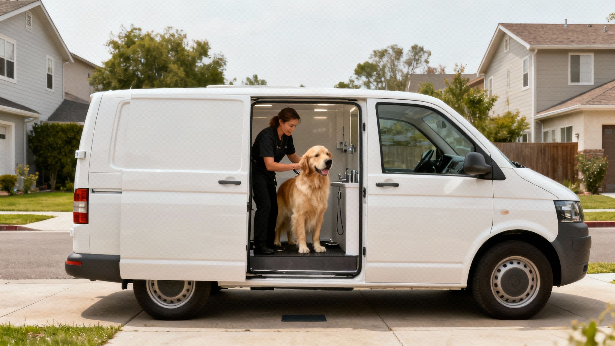 A woman grooms a golden retriever dog inside a white mobile pet spa van parked on a driveway.