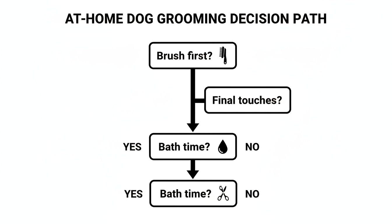 A flowchart illustrates an at-home dog grooming decision path, covering brushing, bathing, and final touches.