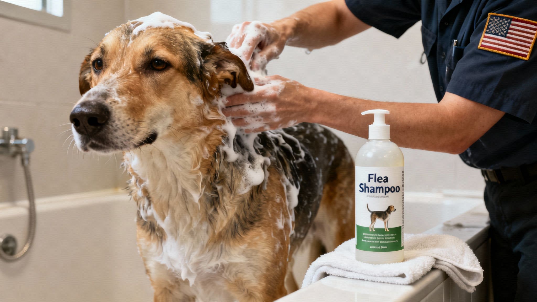 A person gives a dog a bath in a tub with flea shampoo and suds.
