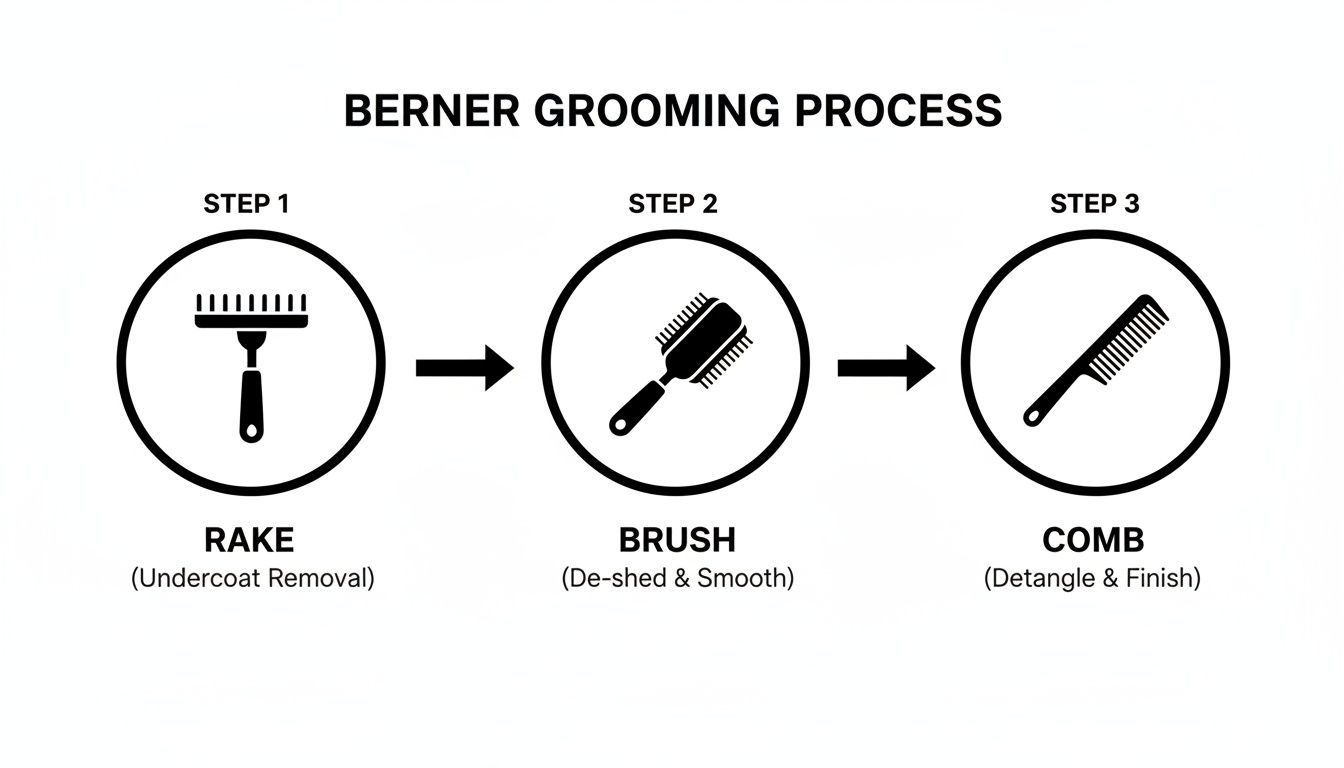 Infographic showing a three-step Berner grooming process: rake, brush, and comb for undercoat removal, de-shedding, and detangling.
