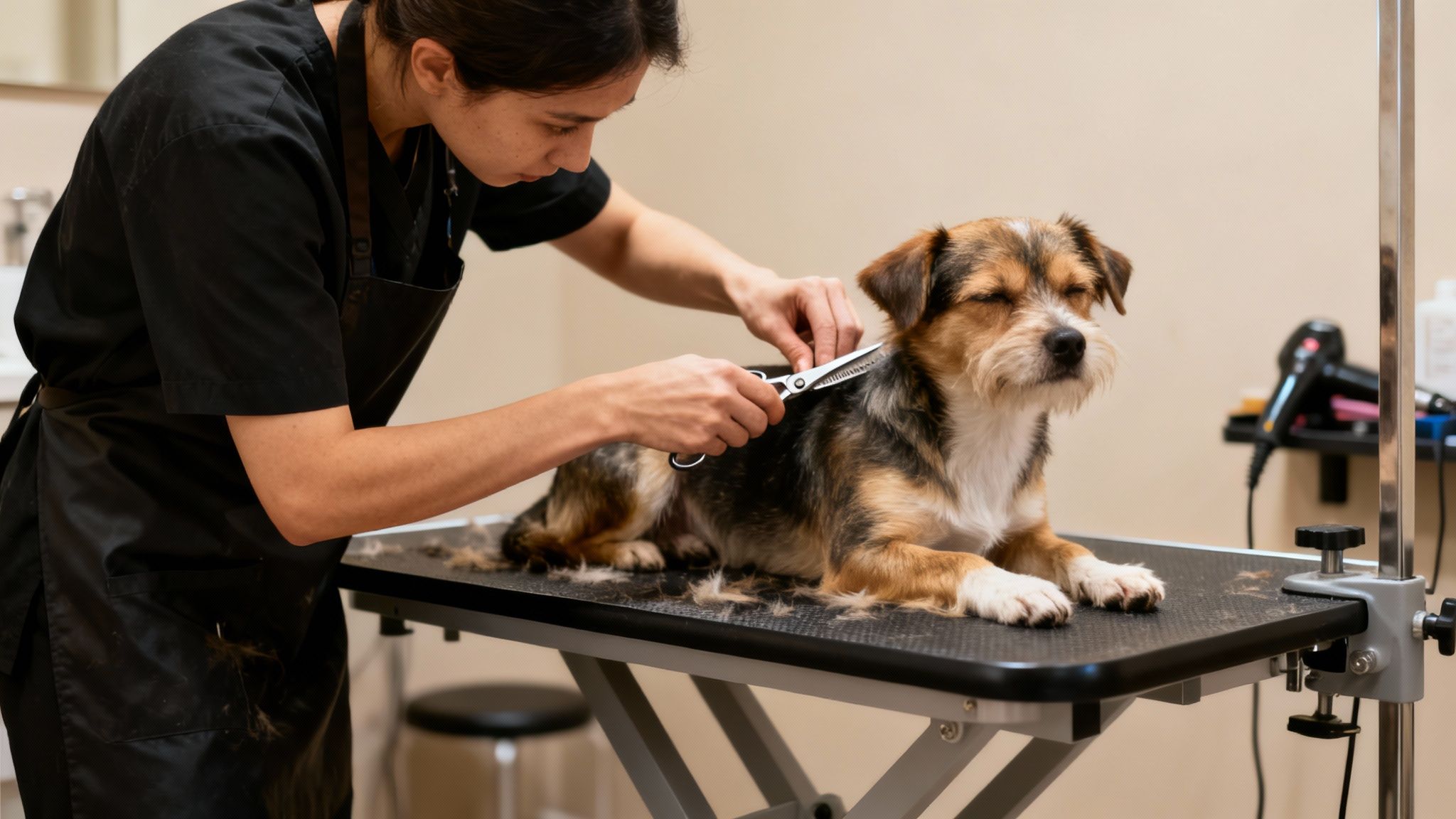 A groomer uses scissors to trim the fur of a relaxed tricolor dog on a grooming table.
