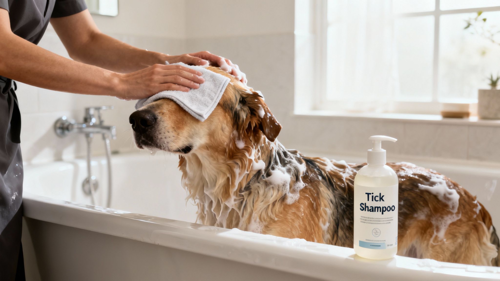 A person gently bathes a golden-brown dog in a white bathtub using tick shampoo and a towel.