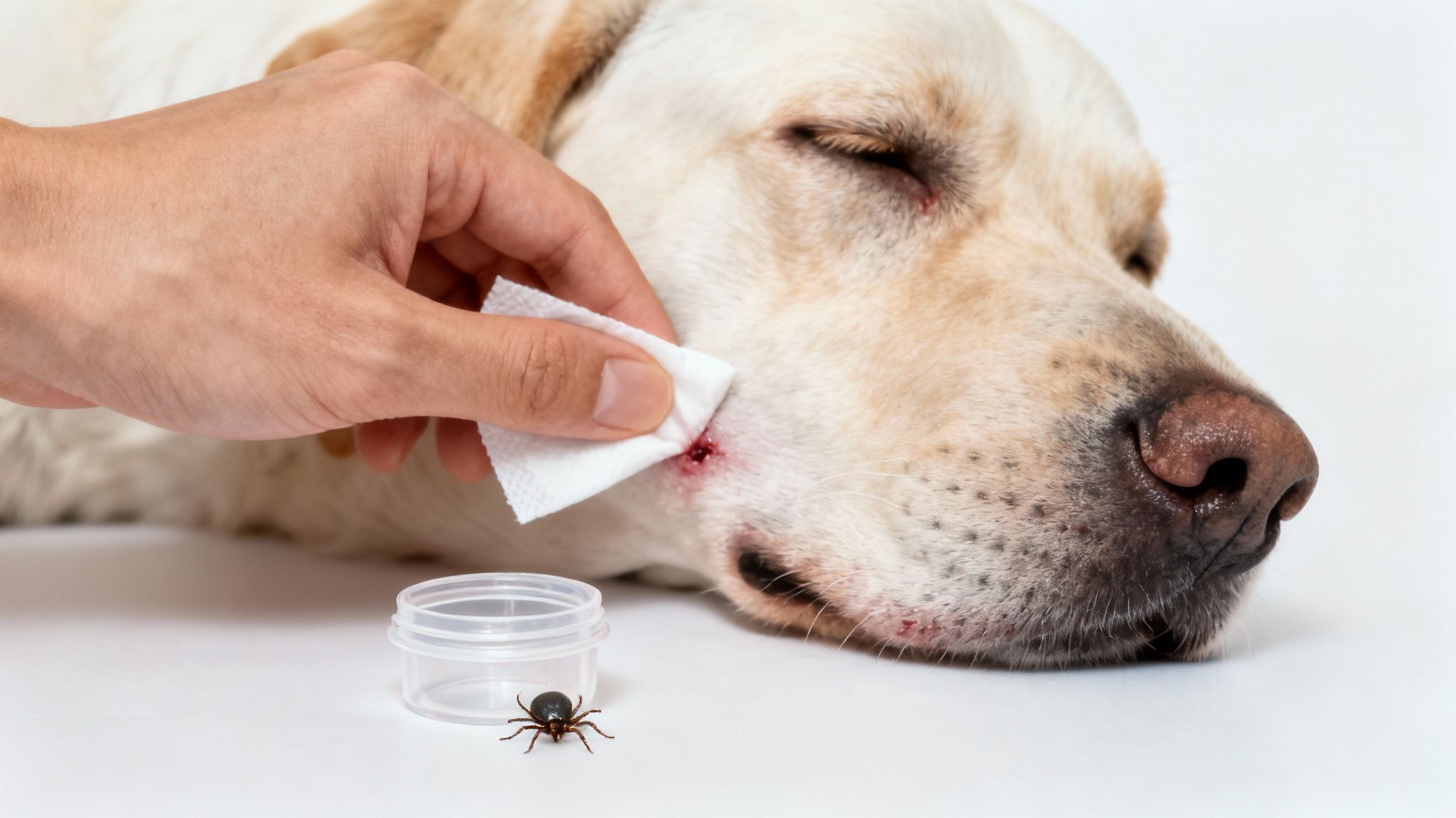 Hand cleaning a dog's face wound after tick removal, with a tick in a container nearby.