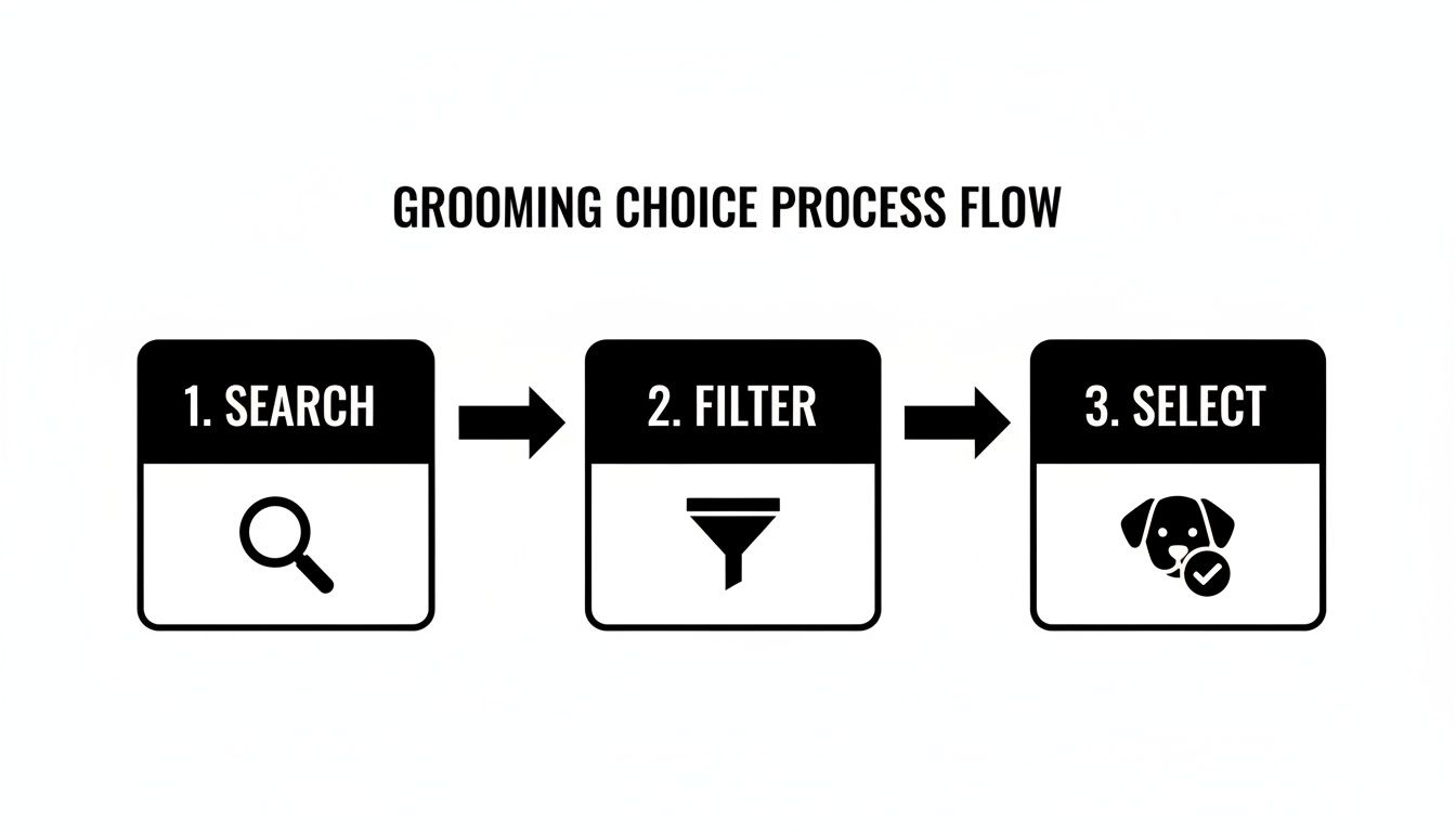 A flow diagram illustrating the dog grooming choice process: search, filter, then select a service.