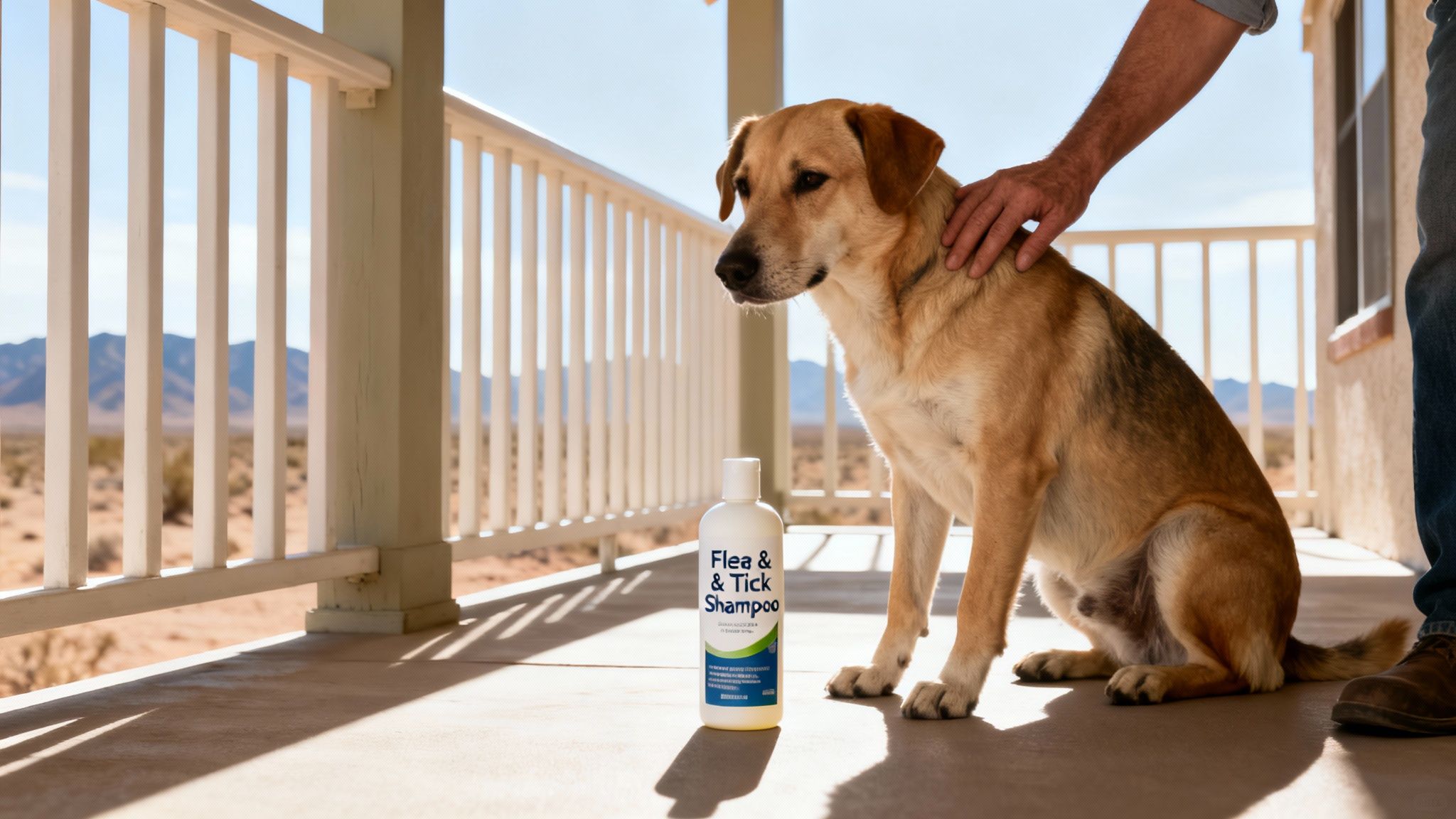 A light brown dog sitting on a porch, being petted by a person, next to flea & tick shampoo.
