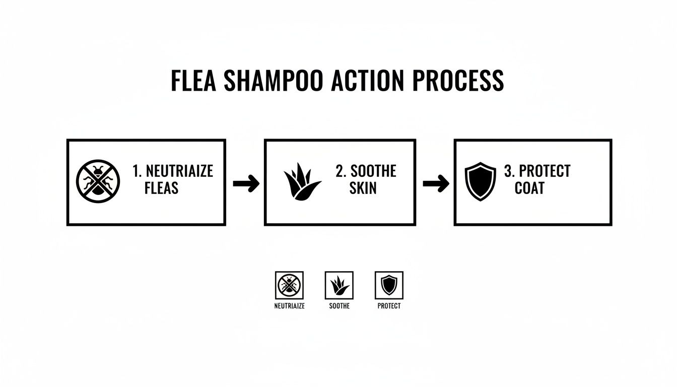 Diagram showing the three-step action process of flea shampoo: neutralize fleas, soothe skin, and protect coat.
