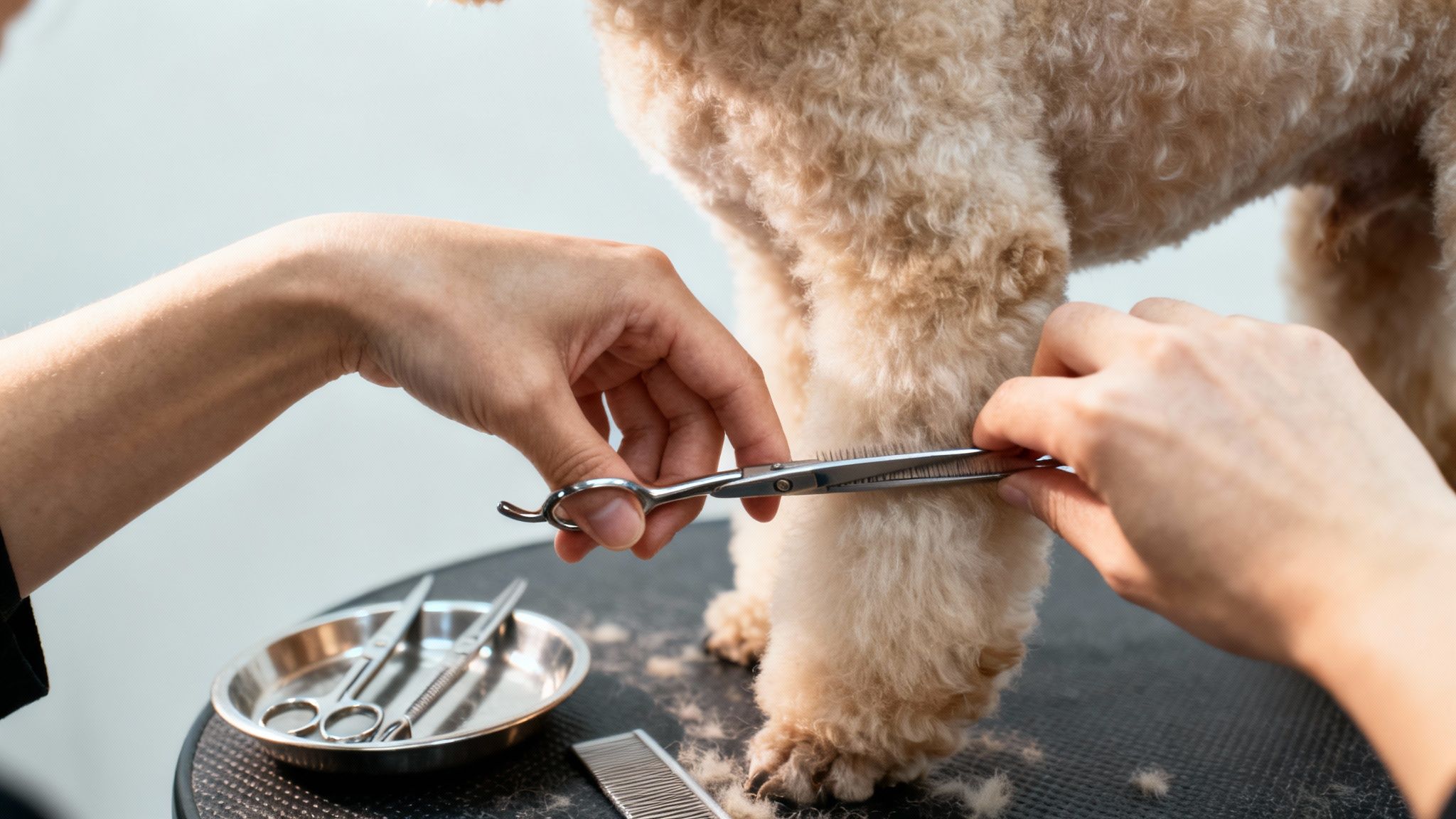 Hands trim a curly brown dog's leg with grooming shears, showing tools and cut fur.