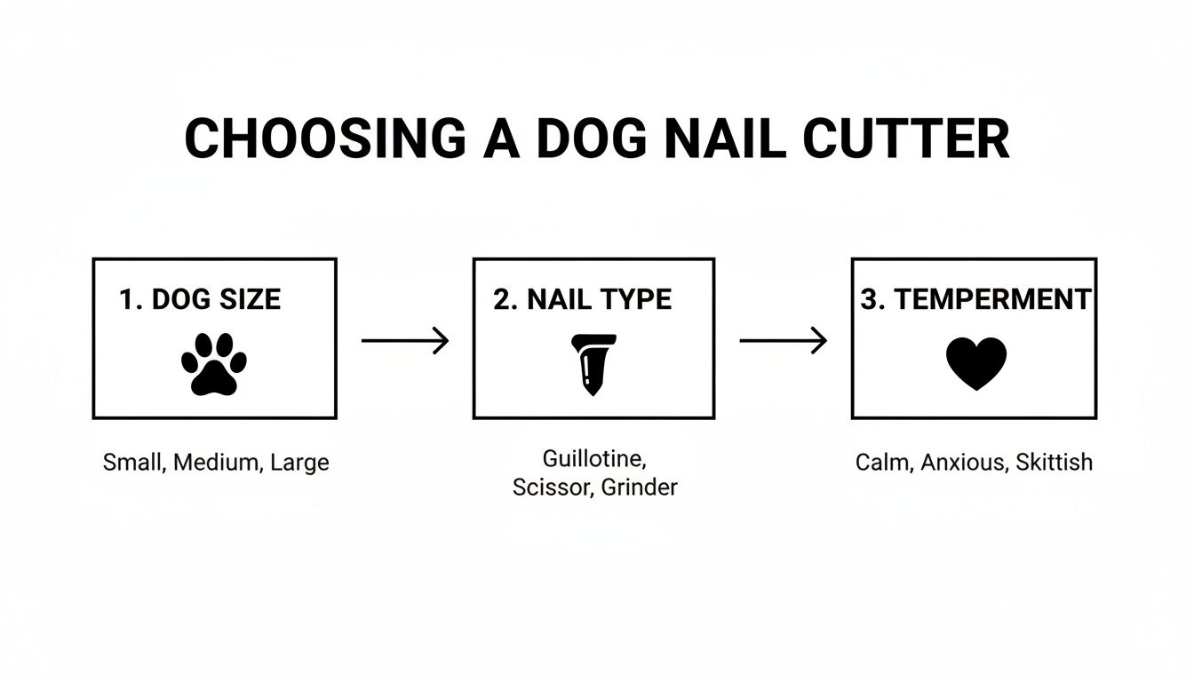 Flowchart illustrating how to choose a dog nail cutter based on dog size, nail type, and temperament.