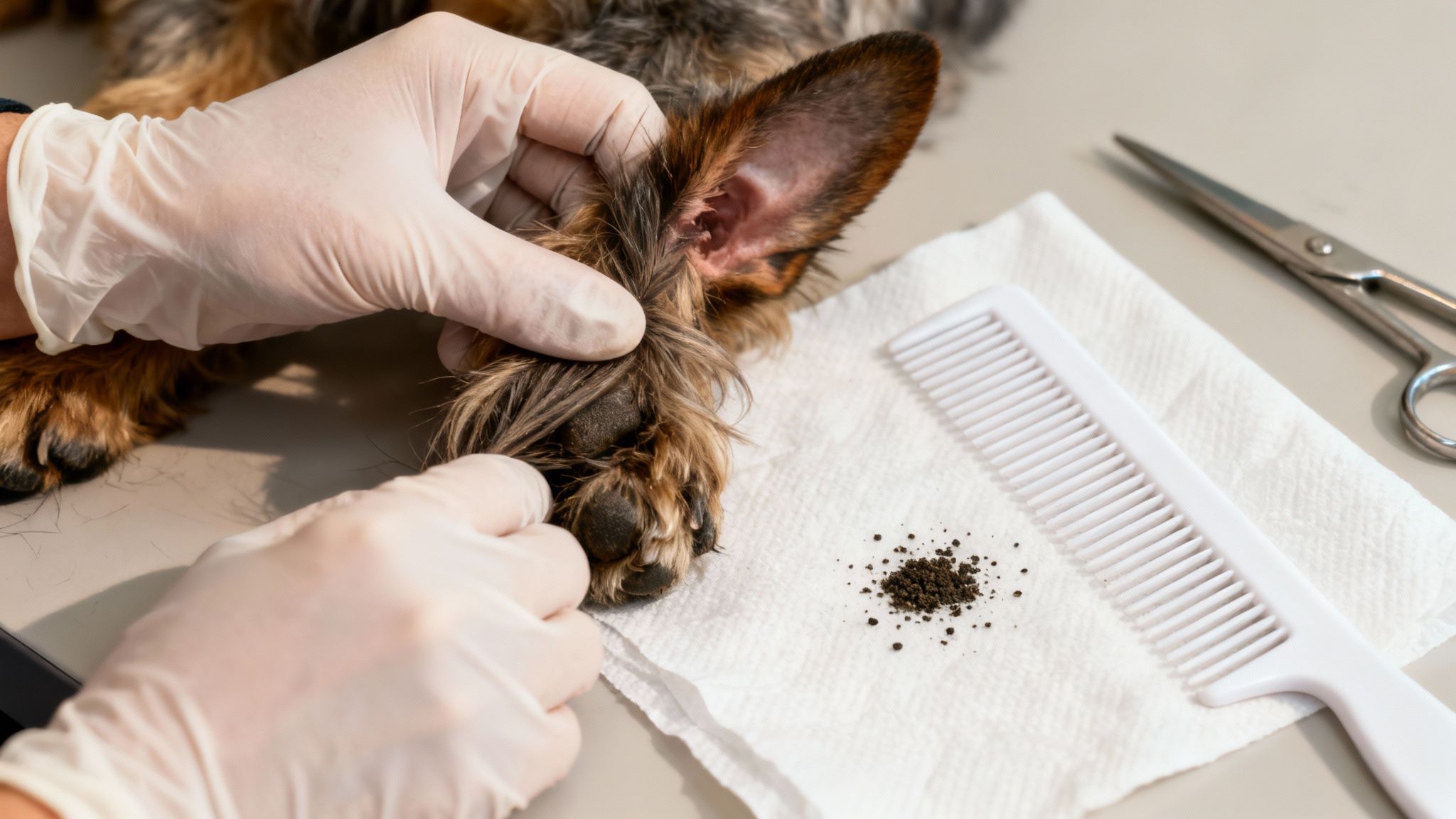 Gloved hands examining a dog's ear and paw, with dark debris and a comb on a towel.