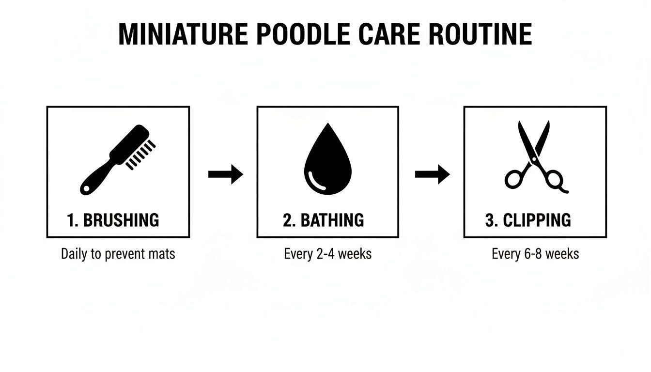 An infographic showing a miniature poodle care routine with steps for brushing, bathing, and clipping.
